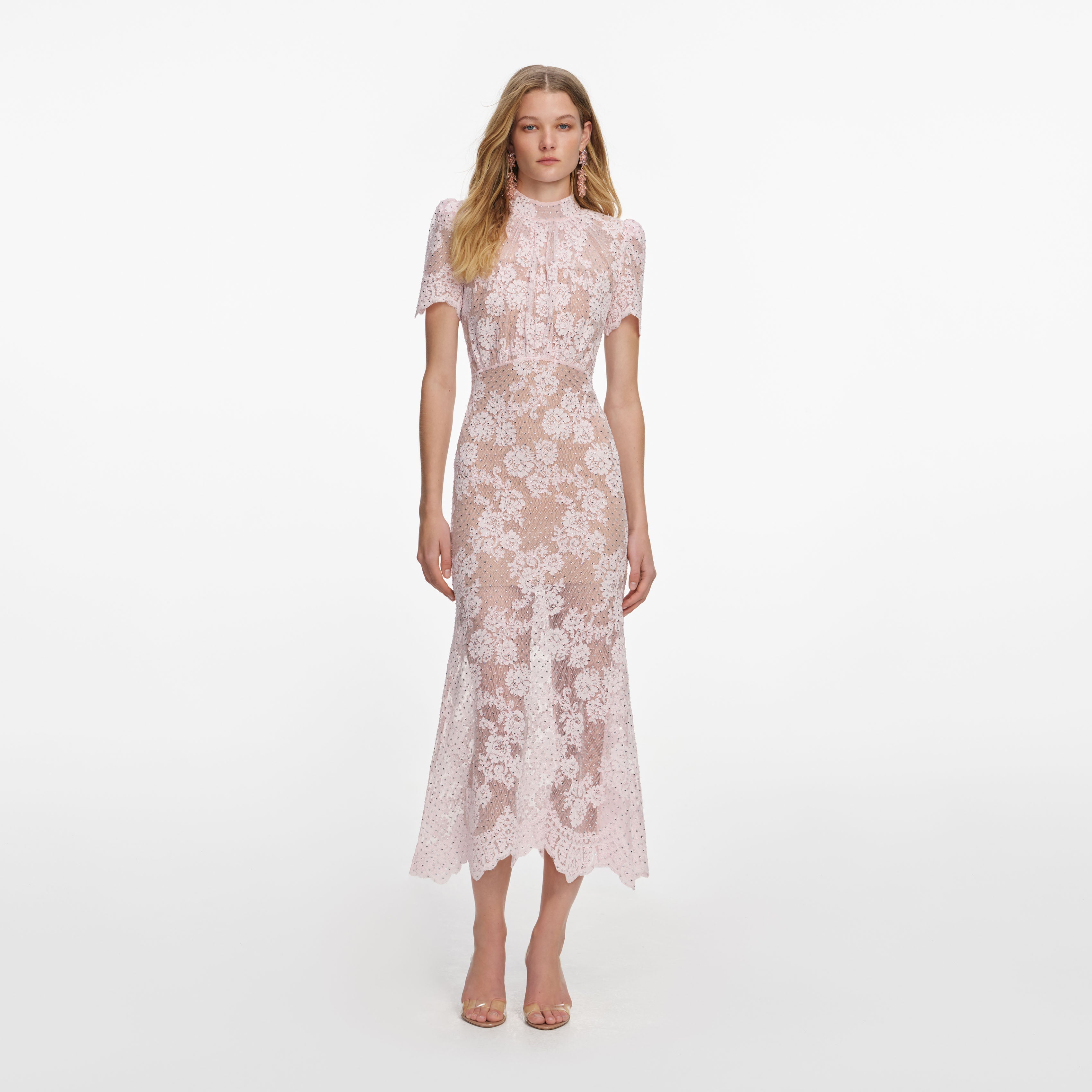 Pink Rhinestone Lace Midi Dress