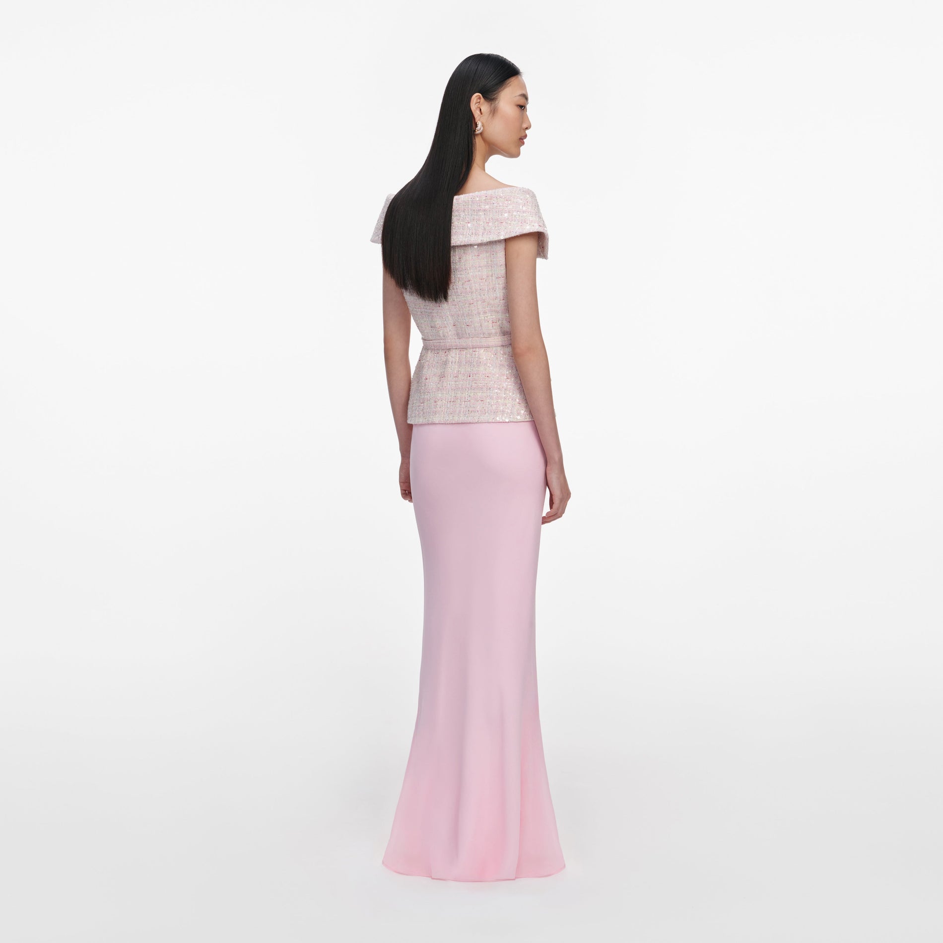 Back view of a woman wearing the Pink Sequin Boucle Maxi Dress