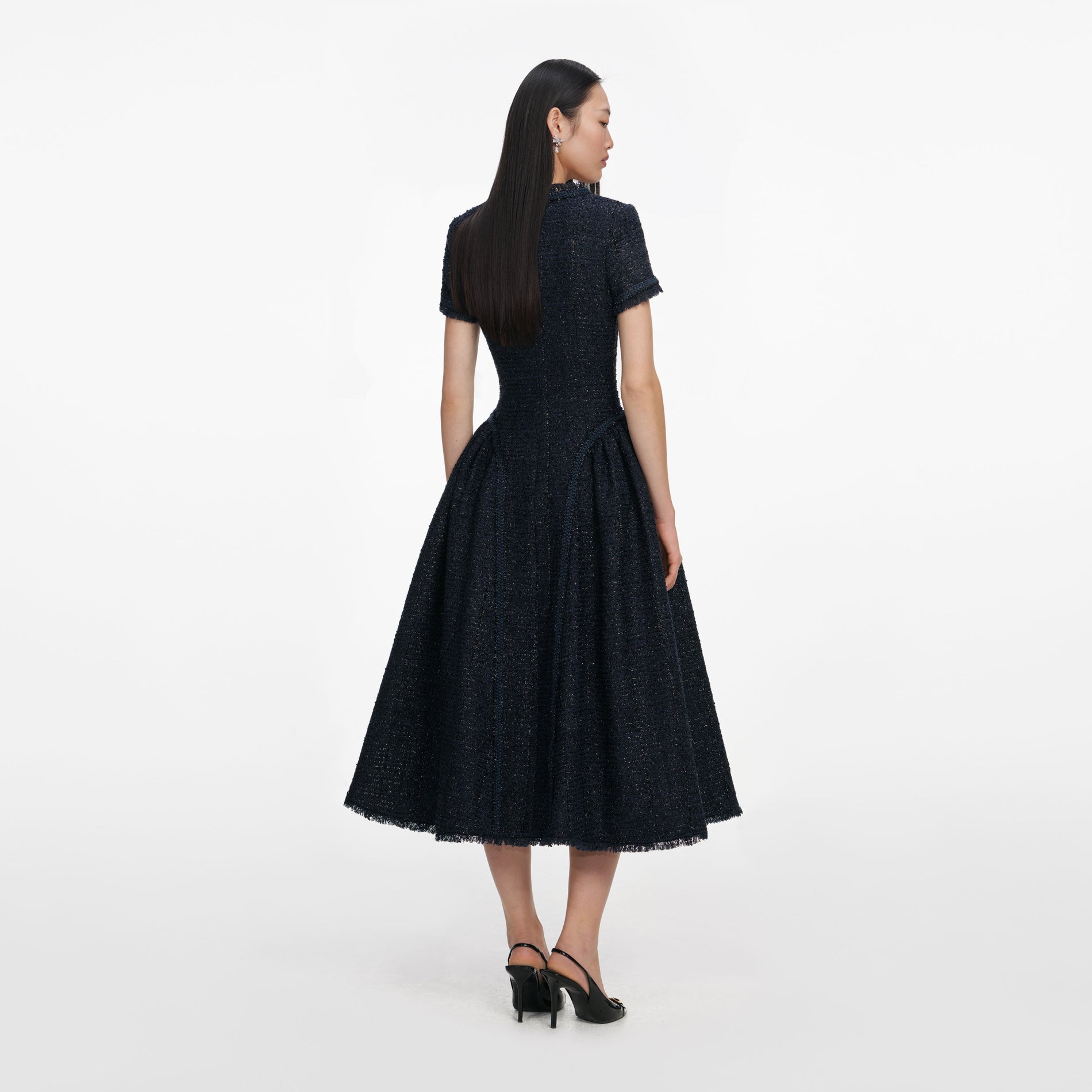 Navy Metallic Boucle Midi Dress