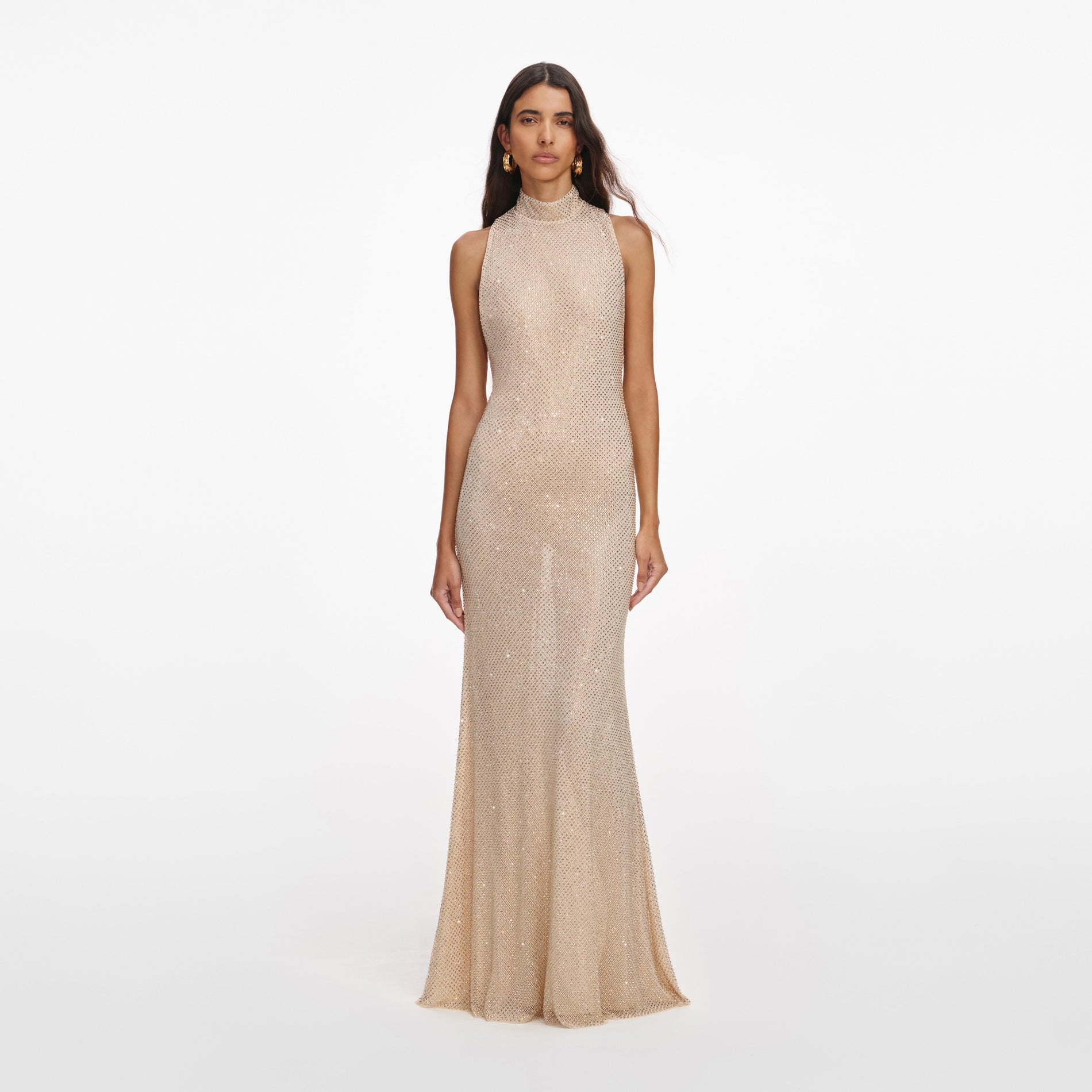 Front view of a woman wearing the Champagne Rhinestone Racer Back Maxi Dress