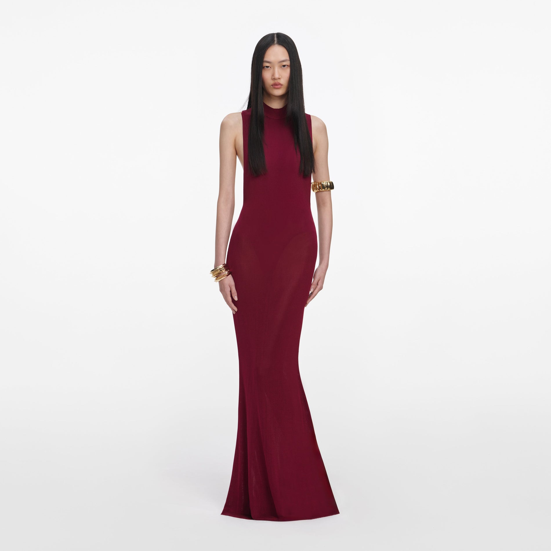 Front view of a woman wearing the Burgundy Racer Back Viscose Knit Maxi Dress