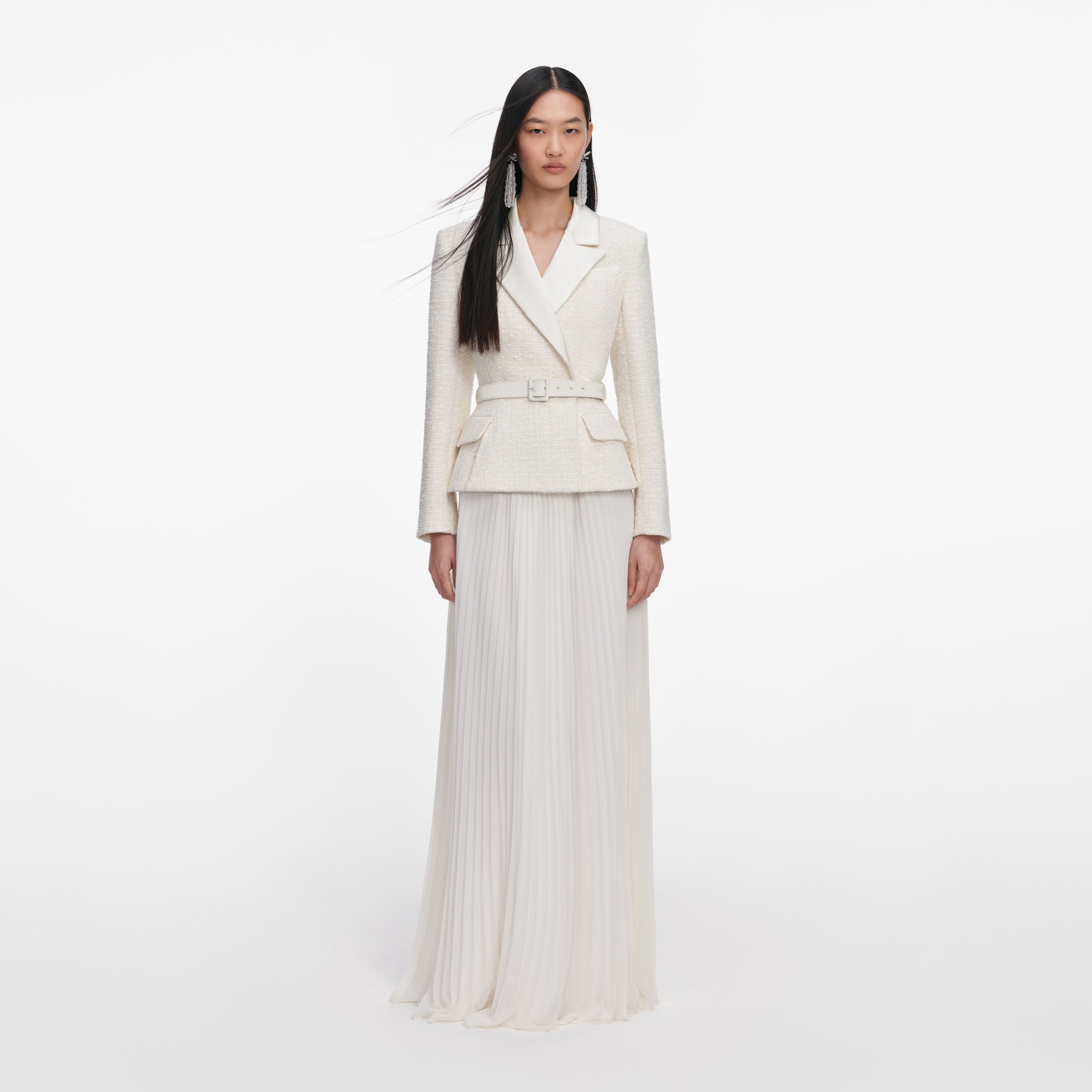 Cream Tailored Boucle Chiffon Maxi Dress