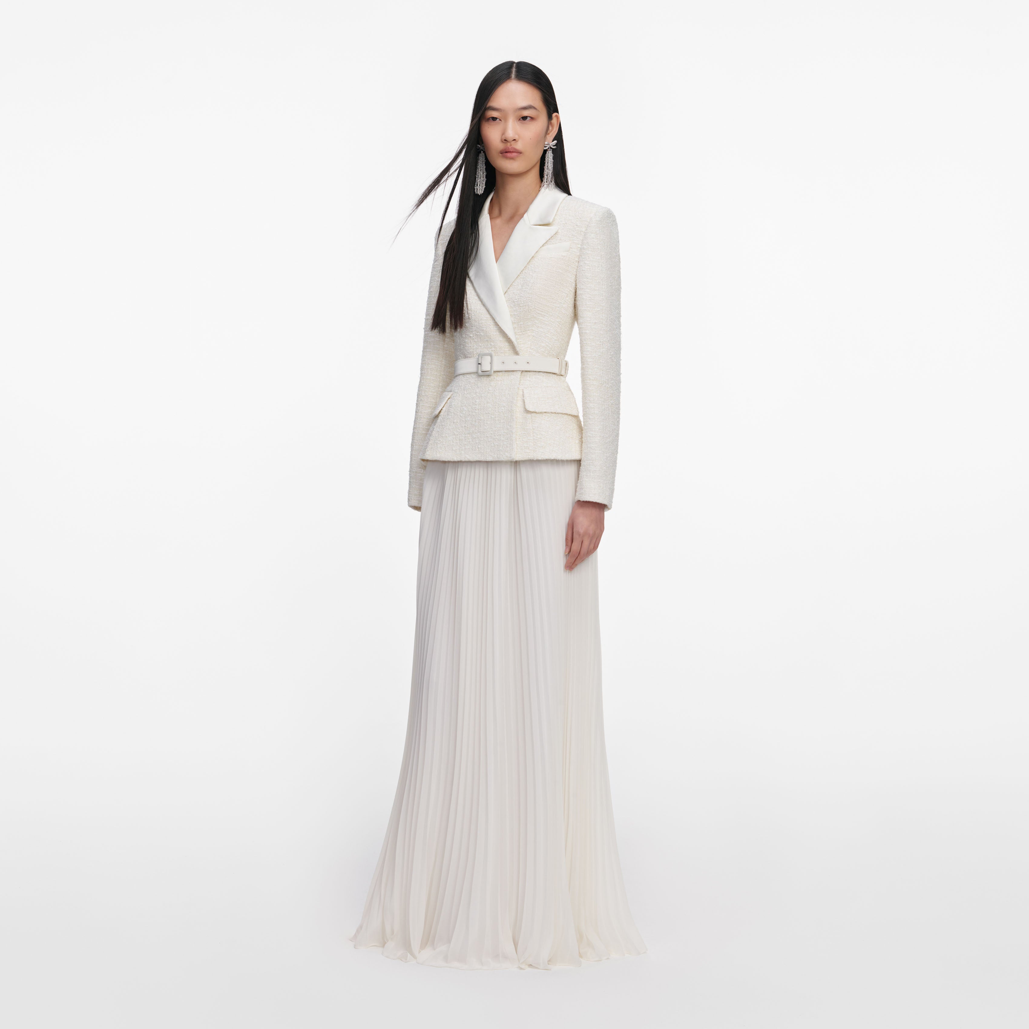 Cream Tailored Boucle Chiffon Maxi Dress