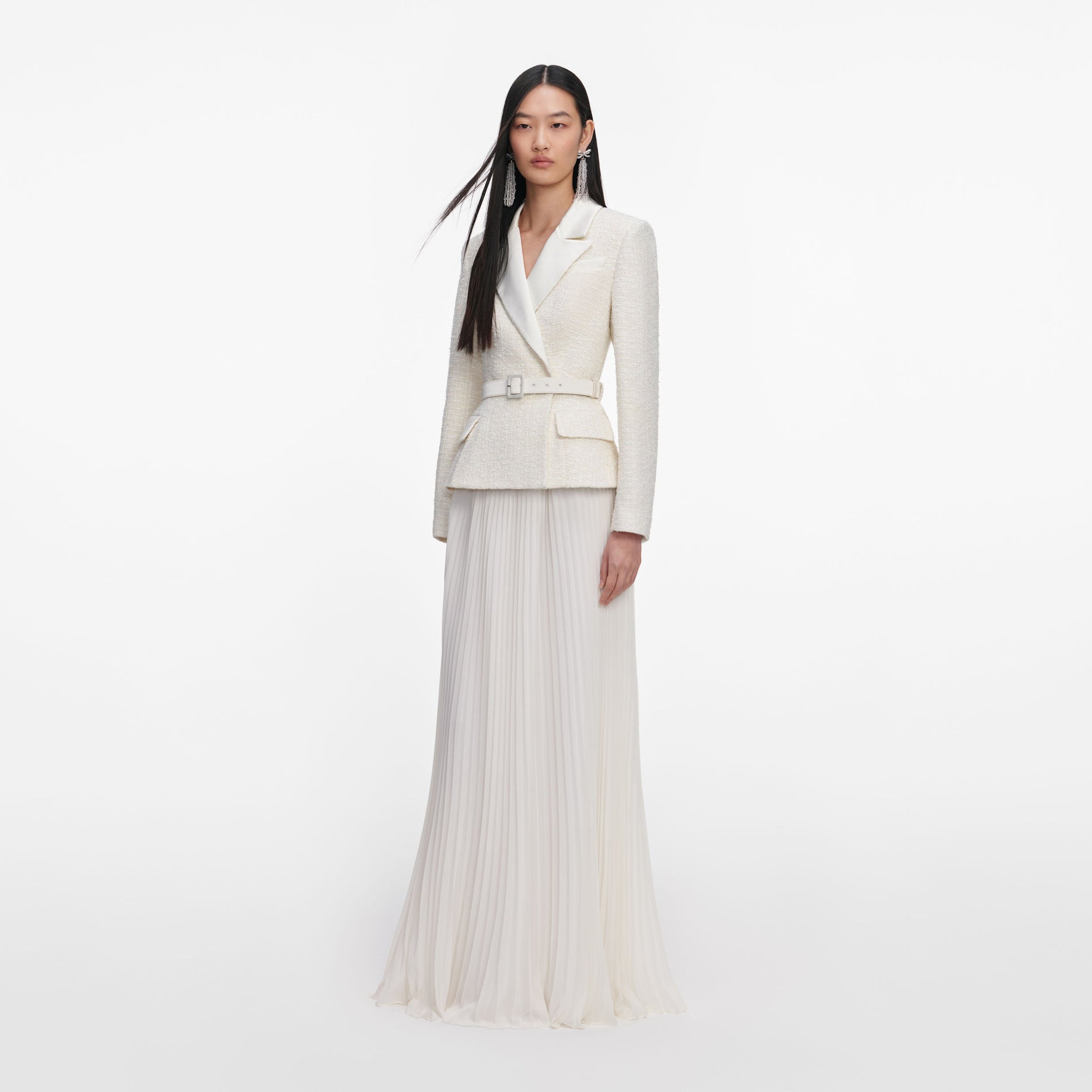 Side view of a woman wearing the Cream Tailored Boucle Chiffon Maxi Dress