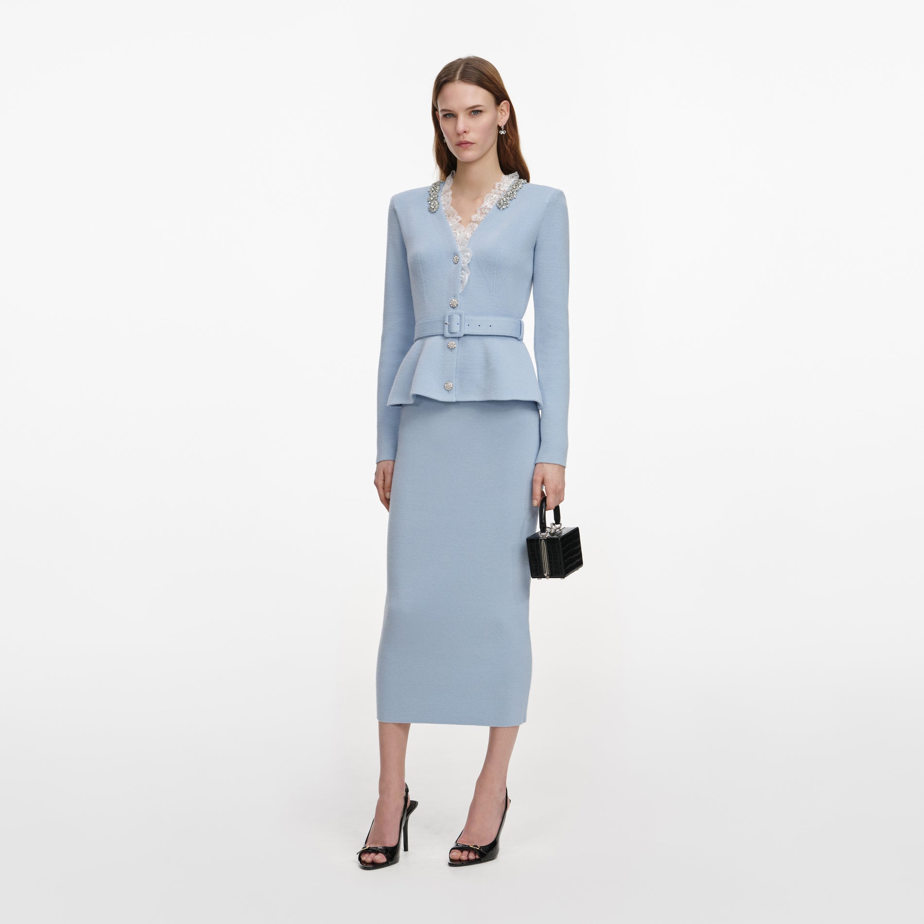 Blue Crystal Trim Knit Midi Dress