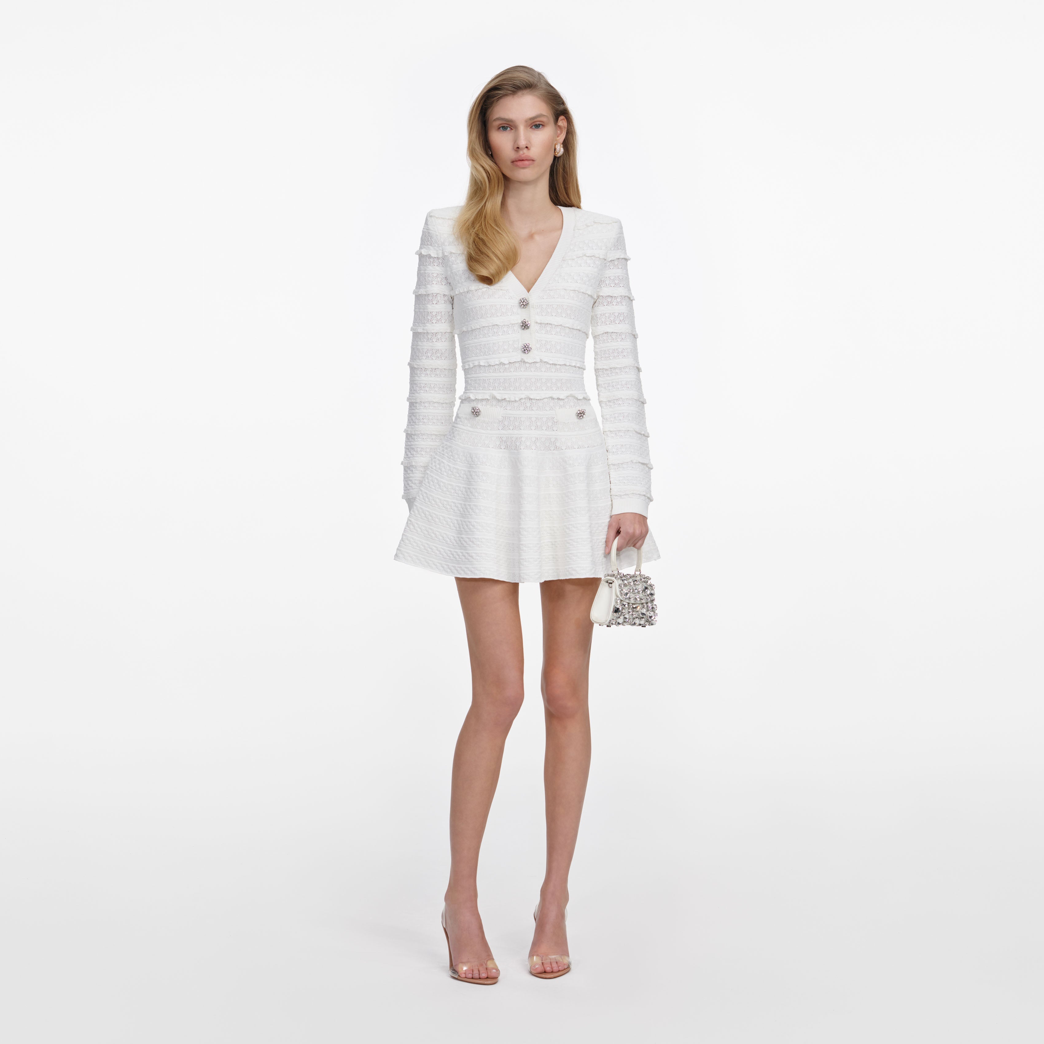 White Pointelle Diamante Knit Mini Dress