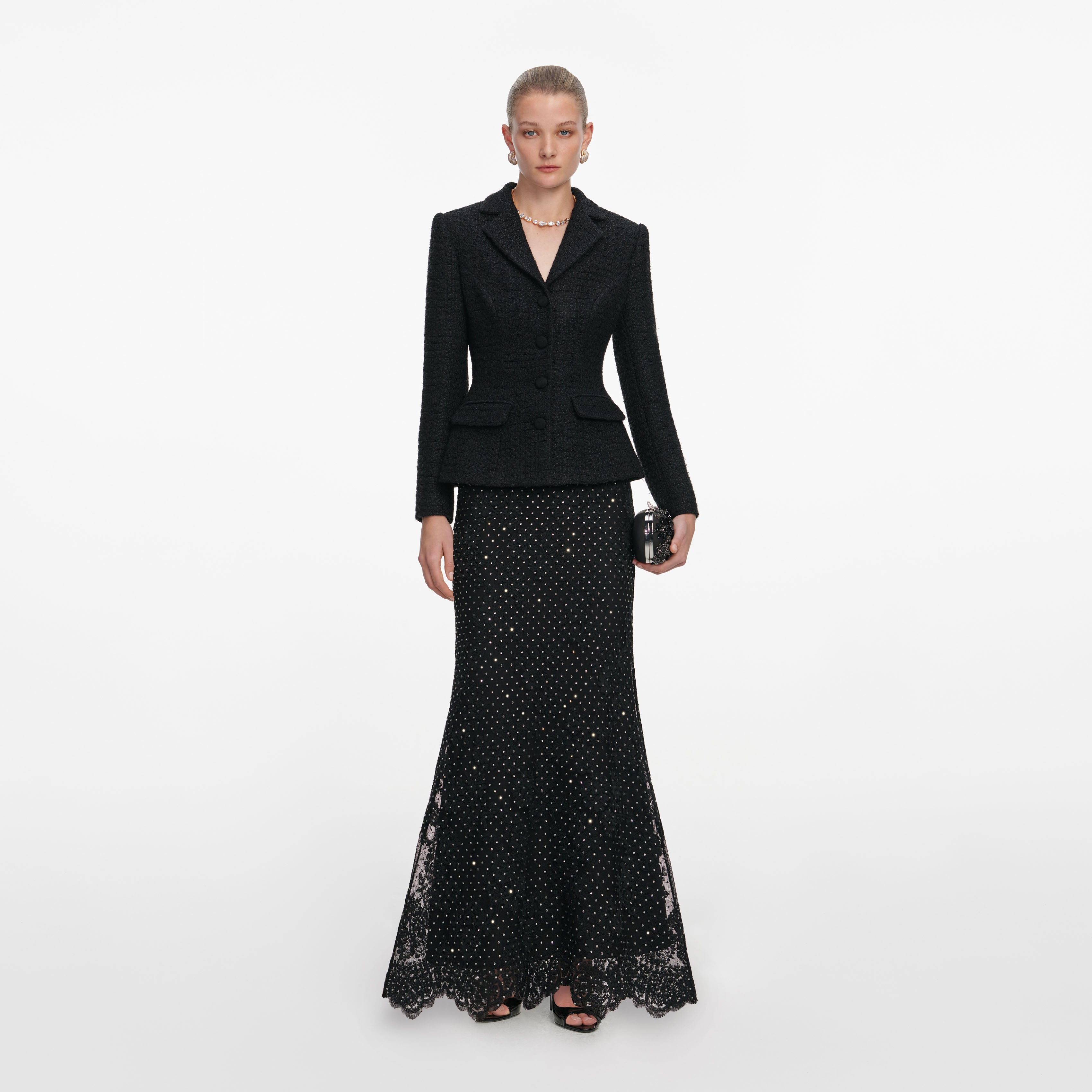 Black Boucle Rhinestone Lace Maxi Dress
