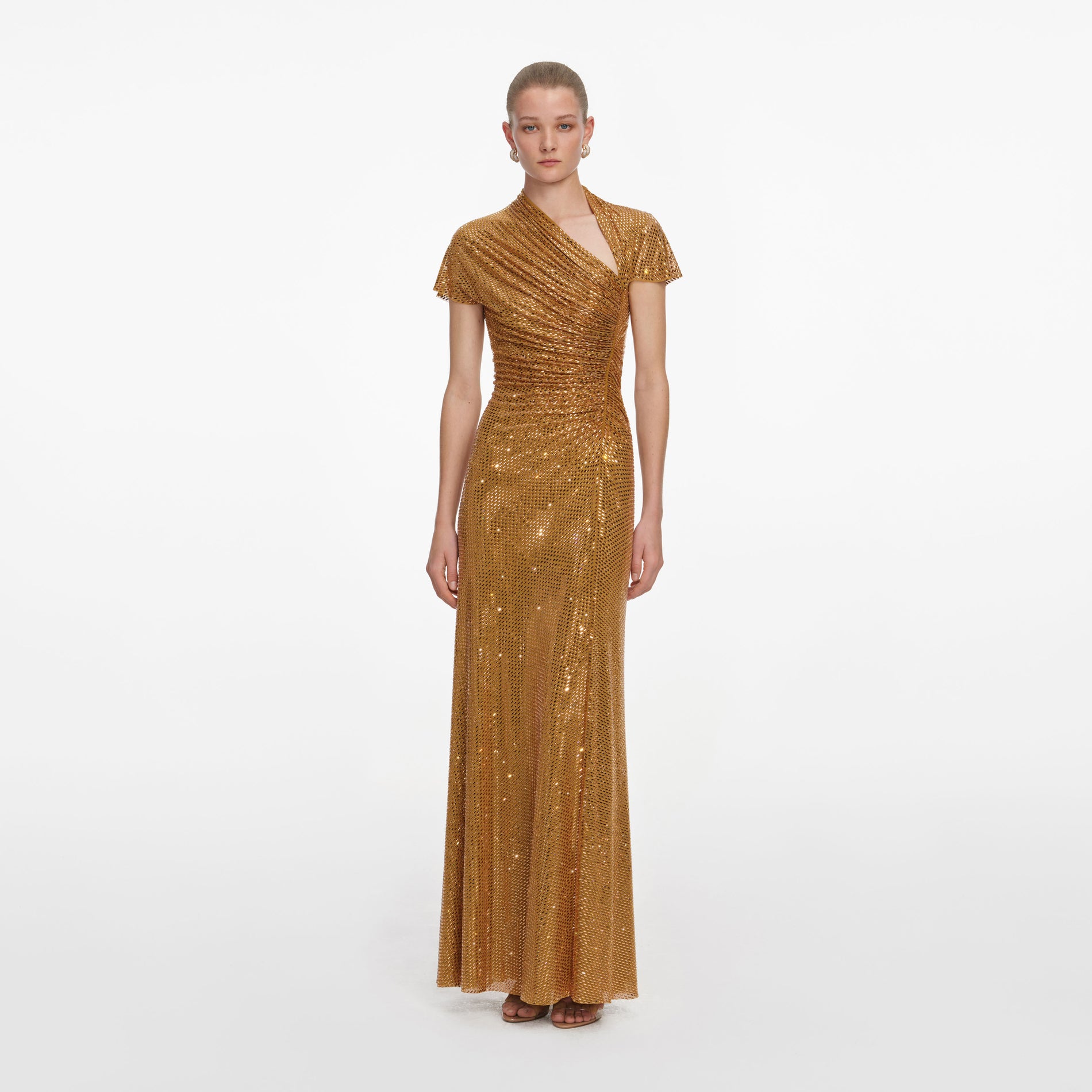 Gold Rhinestone Drape Maxi Dress
