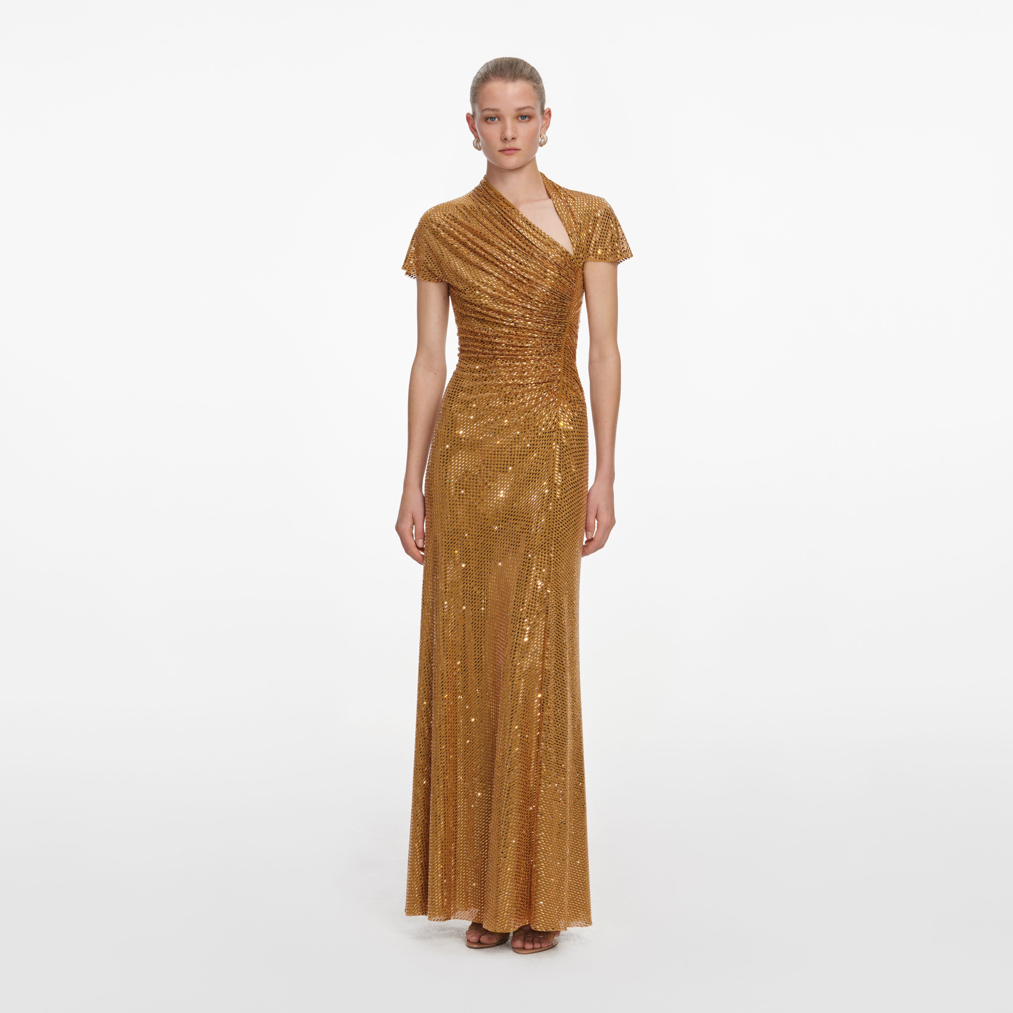 Gold Rhinestone Drape Maxi Dress