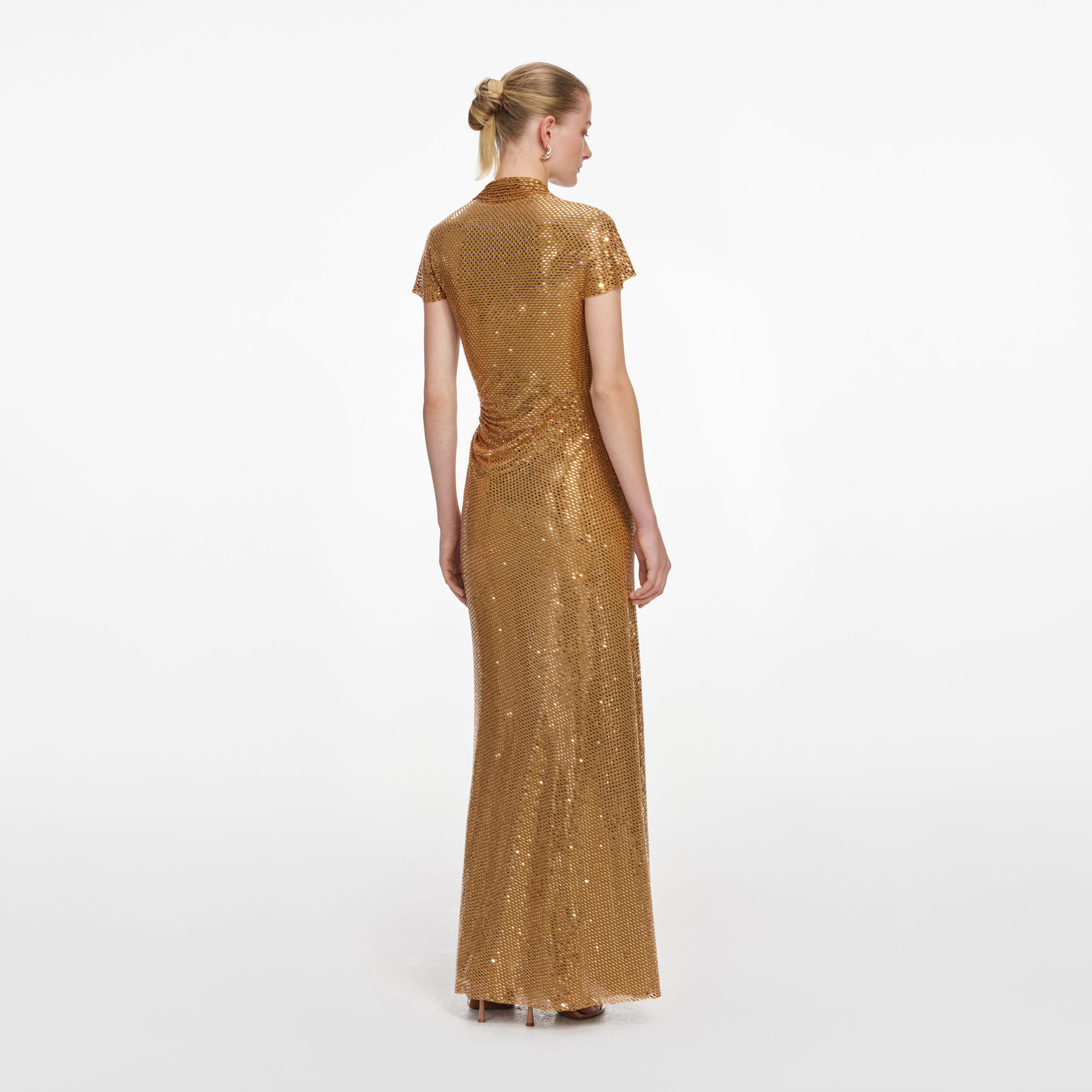 Gold Rhinestone Drape Maxi Dress