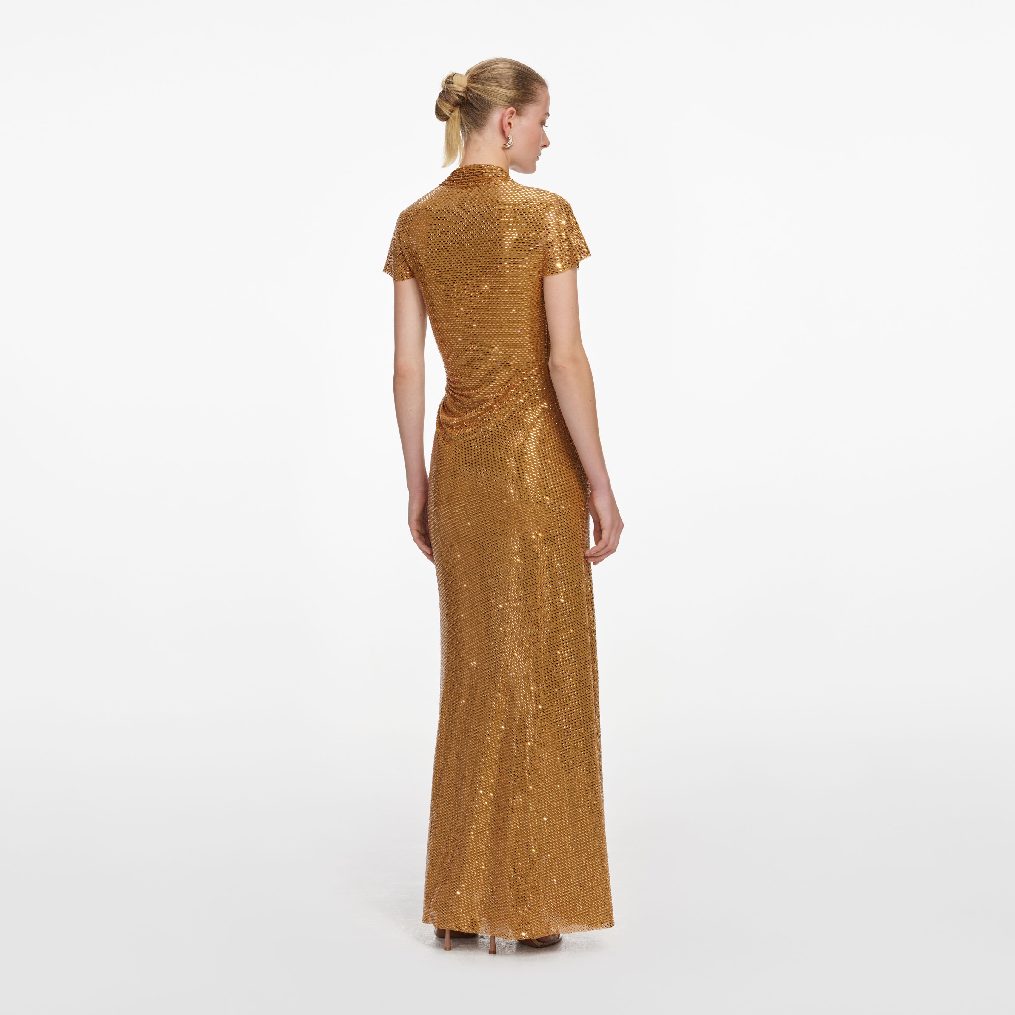 Gold Rhinestone Drape Maxi Dress