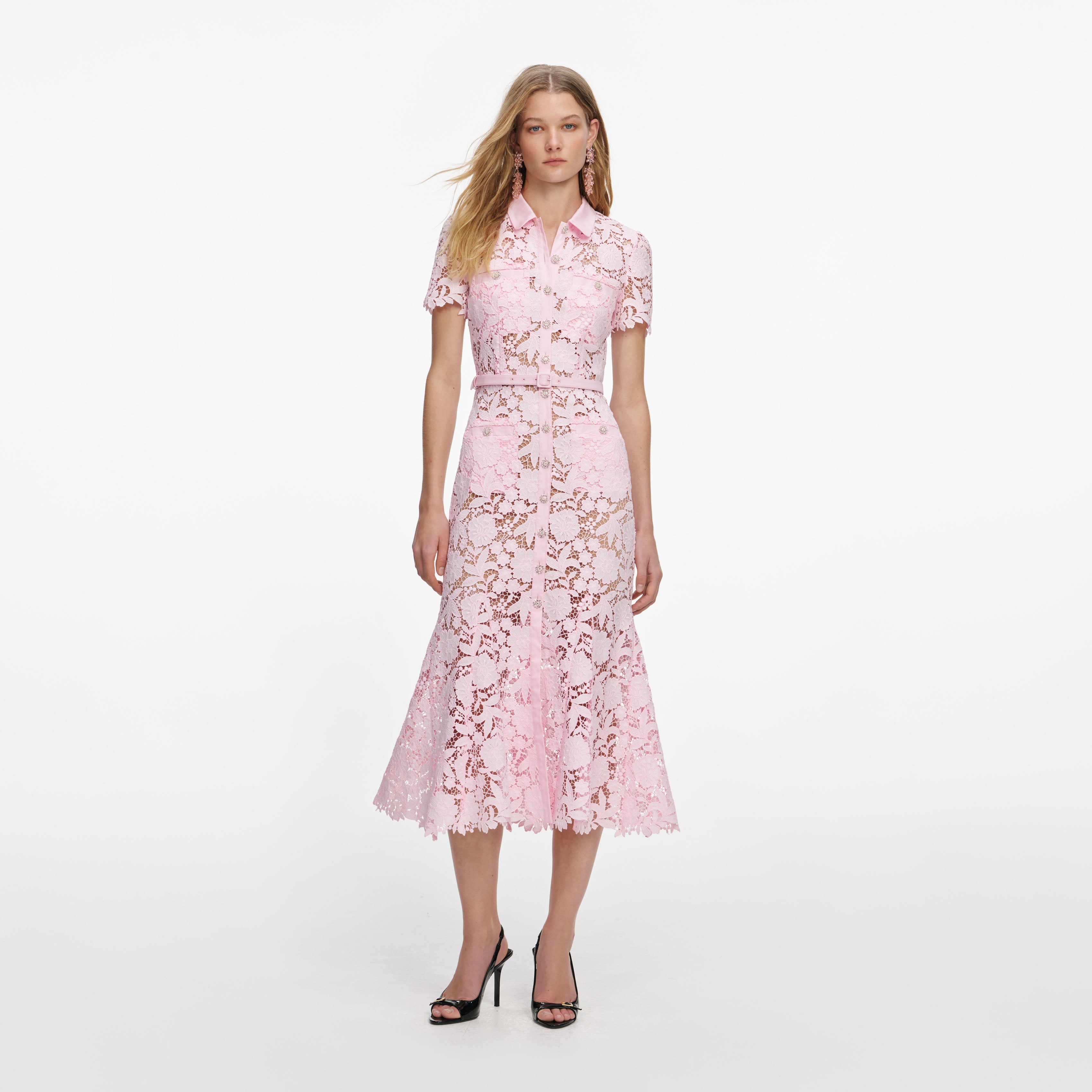 Pink Lace Scoop Back Midi Dress – self-portrait-EU