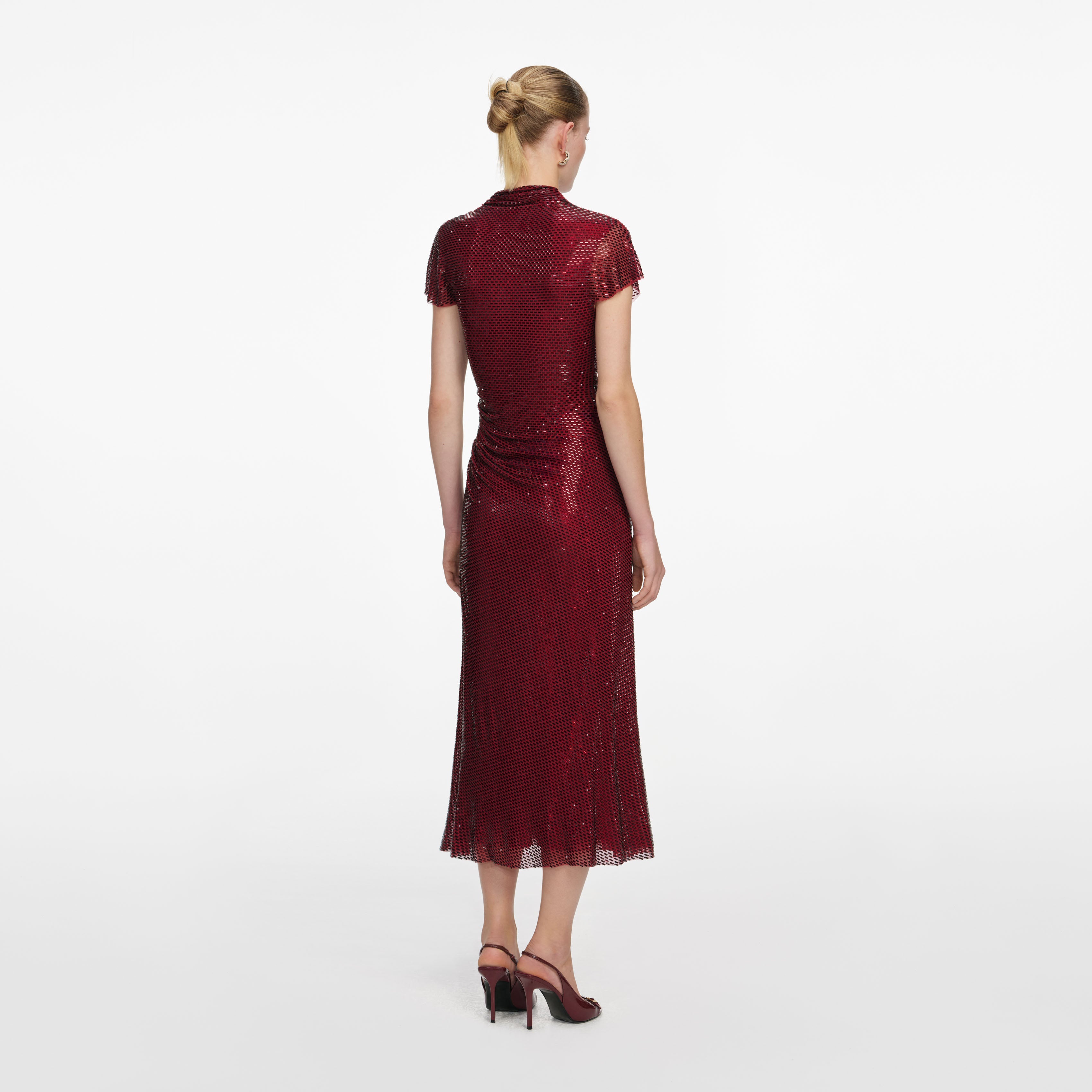 Red Rhinestone Drape Midi Dress