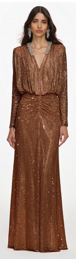 Brown Rhinestone Embellished Maxi Dress