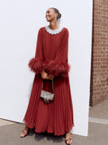 Burgundy Chiffon Feather Midi Dress
