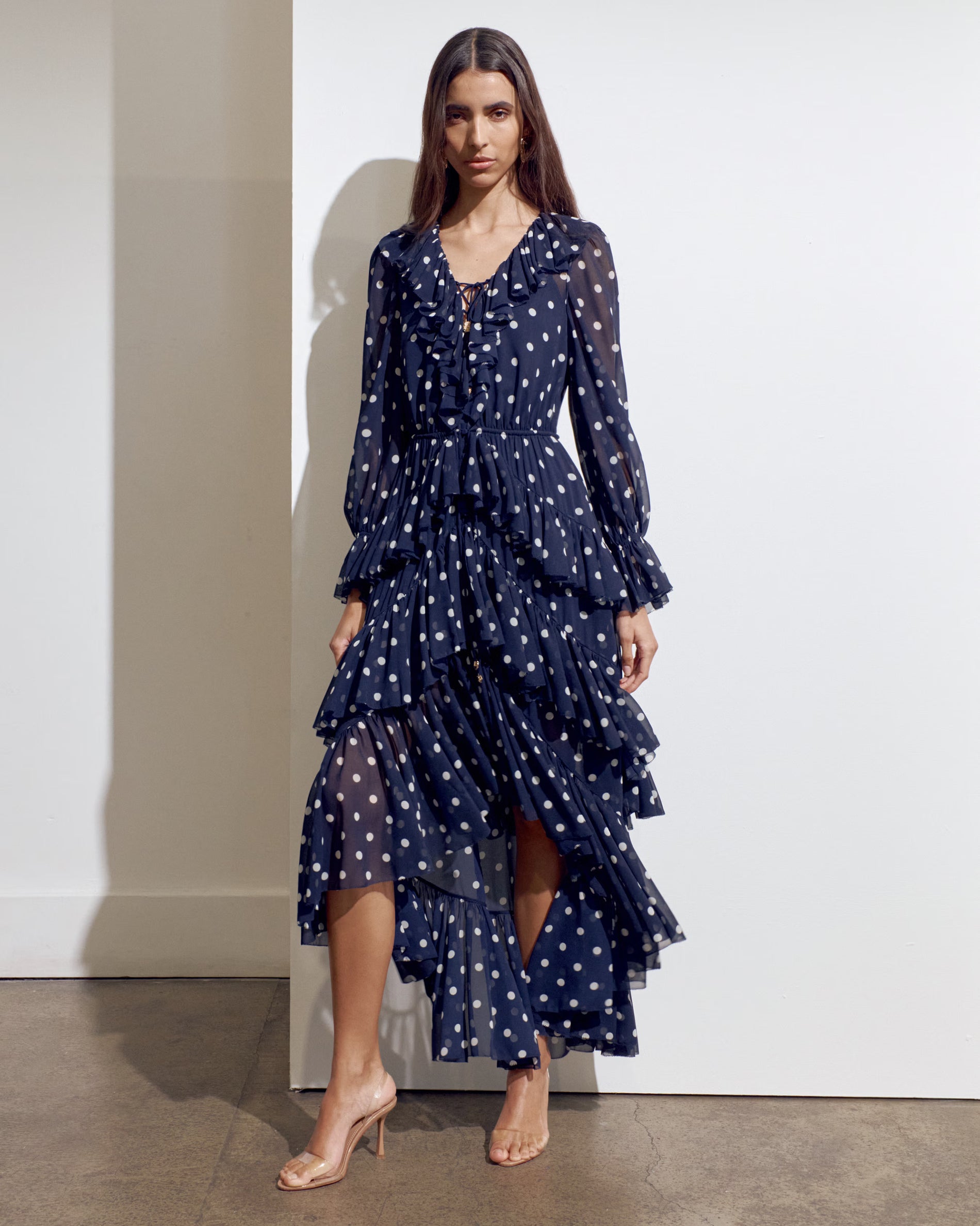 Polka Dot Georgette Ruffle Maxi Dress