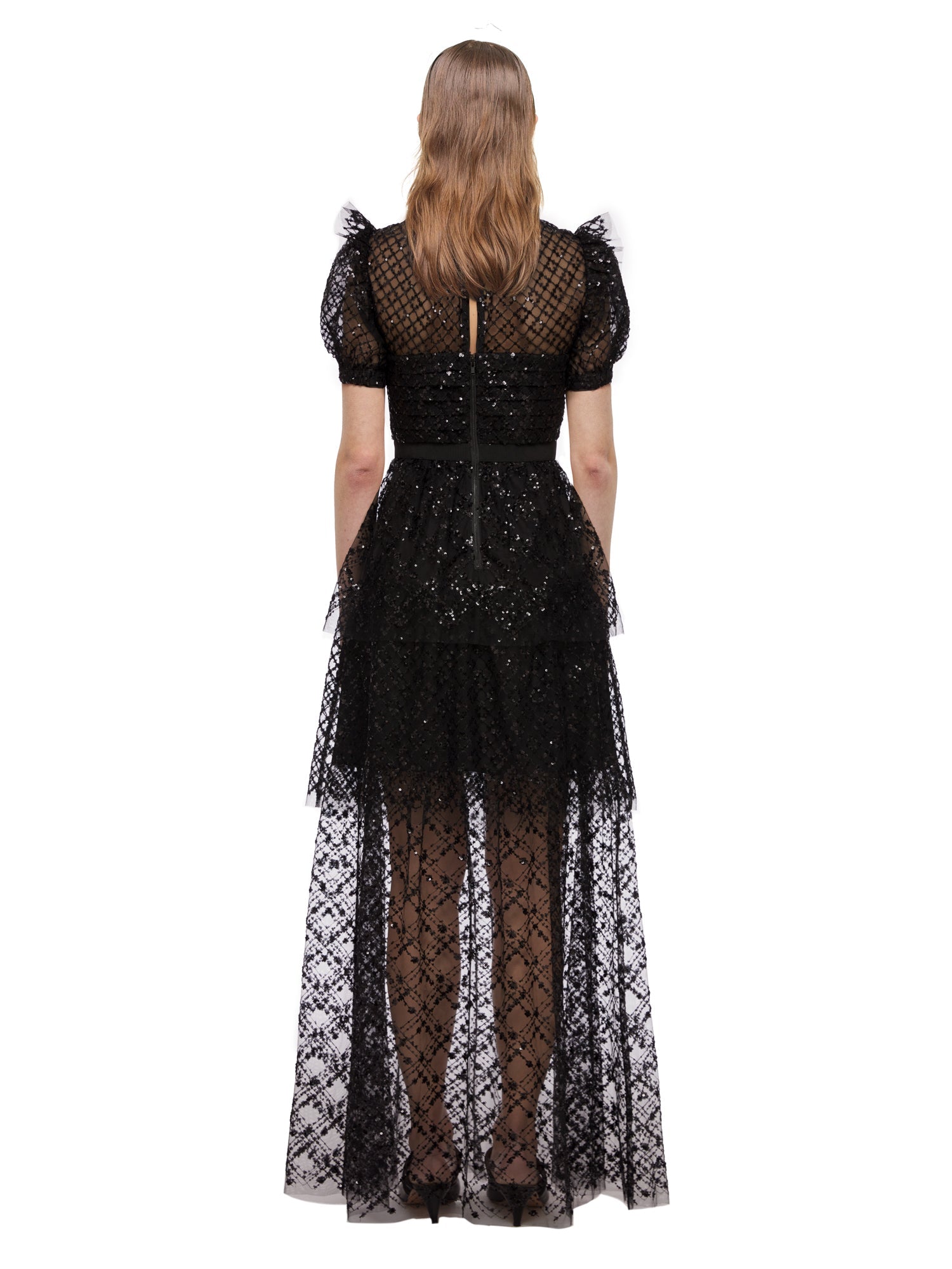 Black Grid Sequin Tiered Maxi Dress