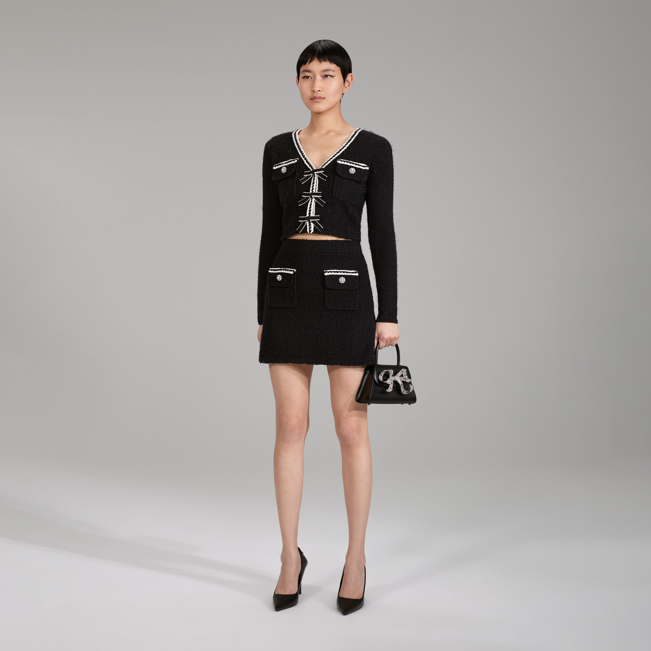 Black Melange Knit Mini Skirt