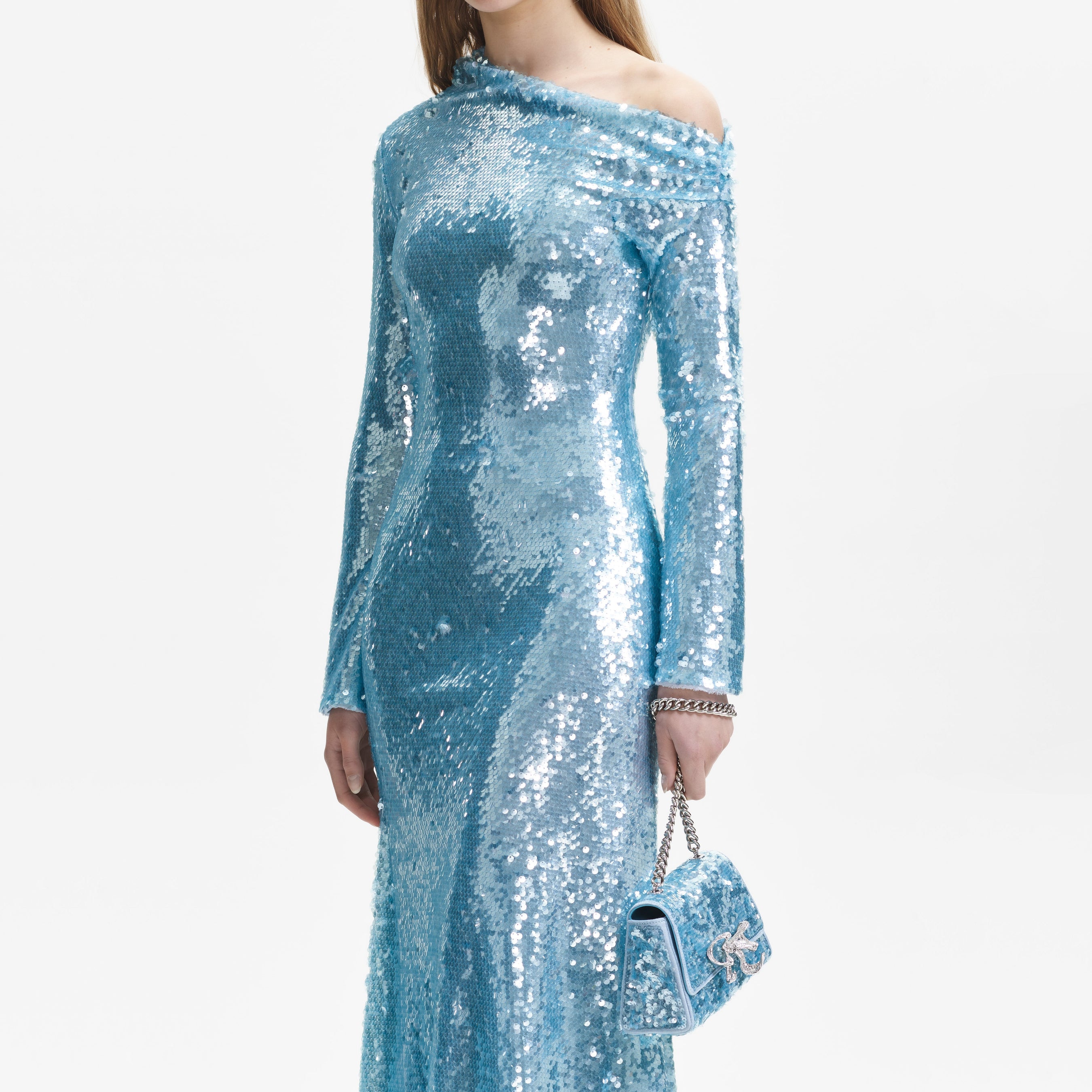 Blue Sequin Asymmetric Midi Dress