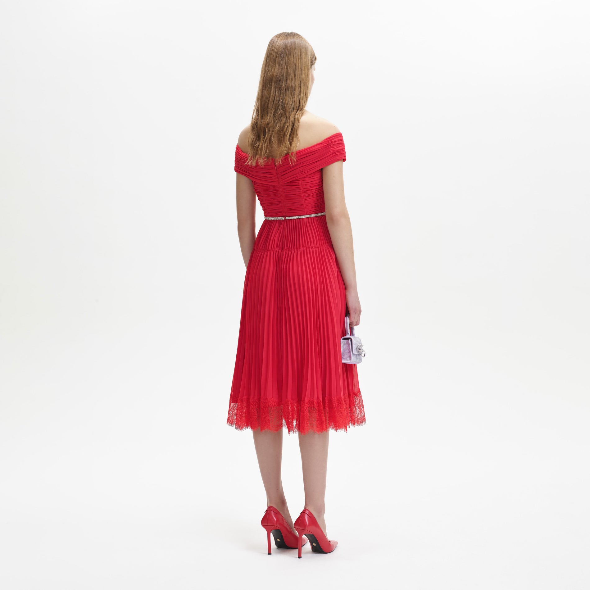 Red Chiffon Off Shoulder Midi Dress