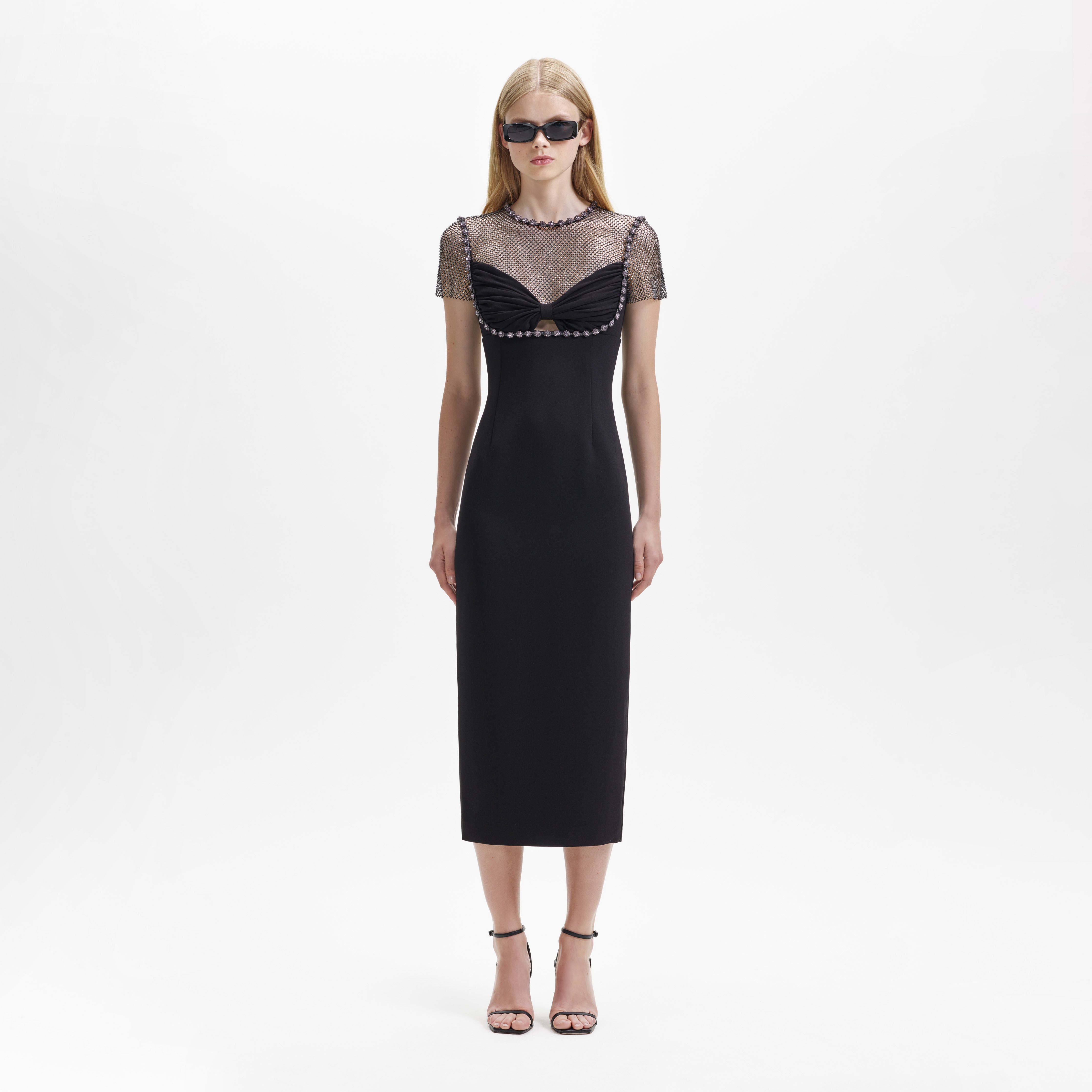 Black Crepe High Neck Split Sleeve Midi Dress
