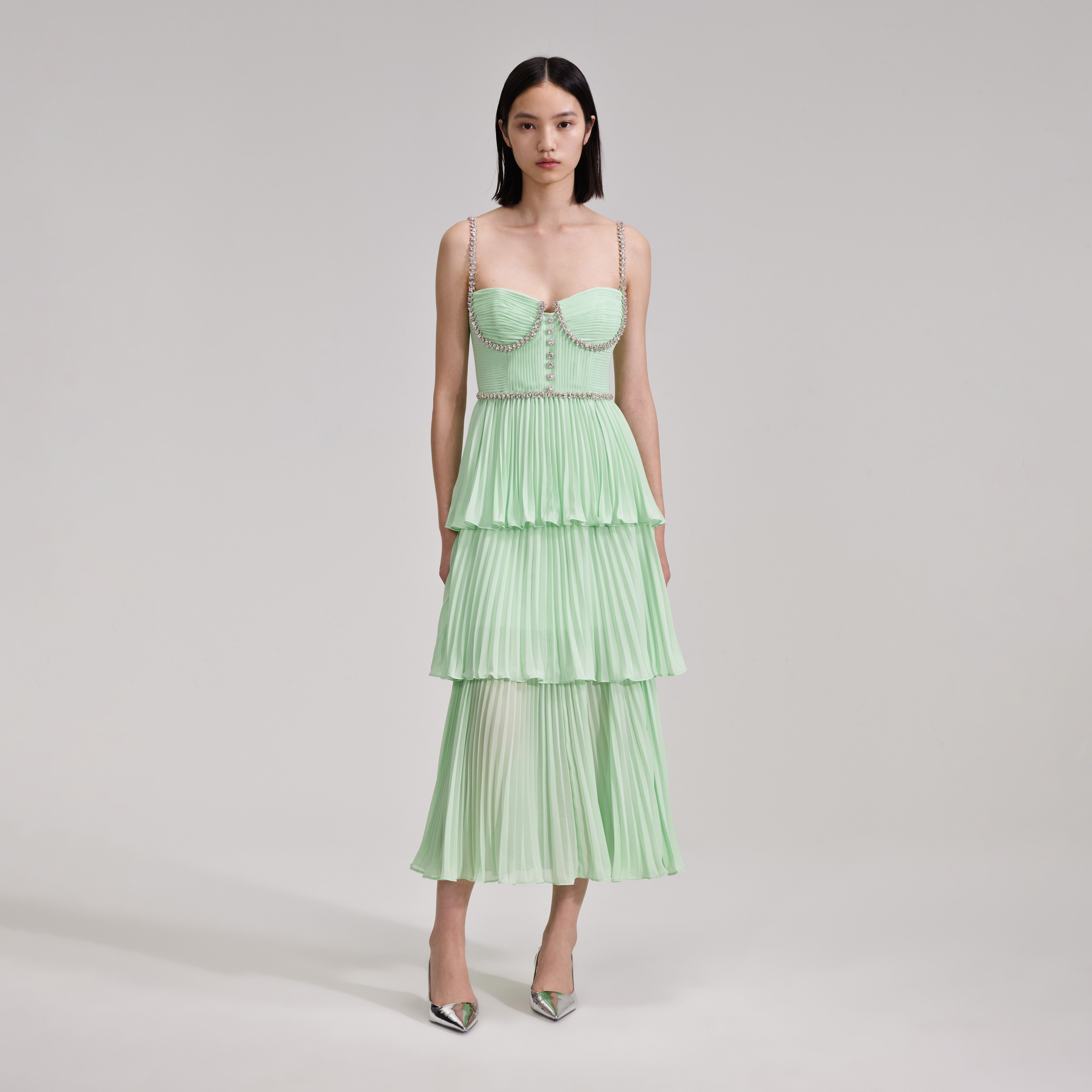 Green Tiered Diamante Chiffon Midi Dress | self-portrait-EU