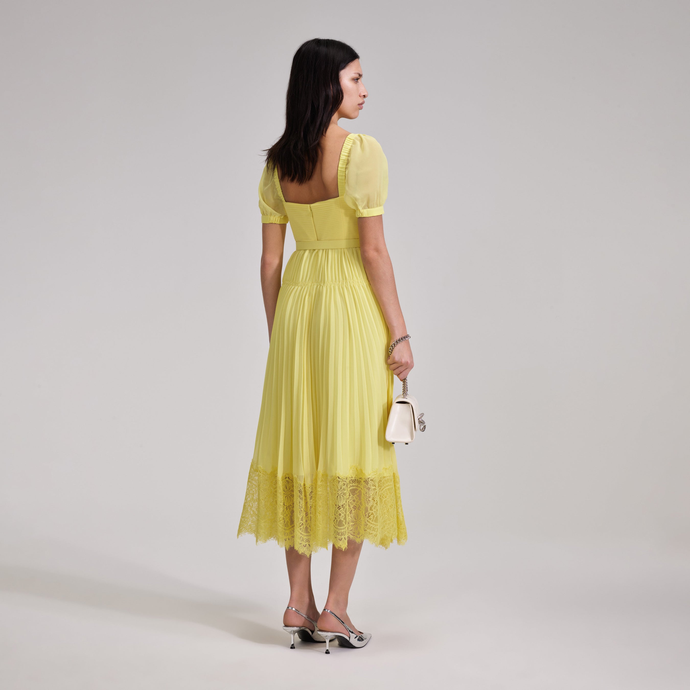 Yellow Chiffon Lace Detail Midi Dress
