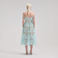 Blue Cord Lace Diamante Midi Dress