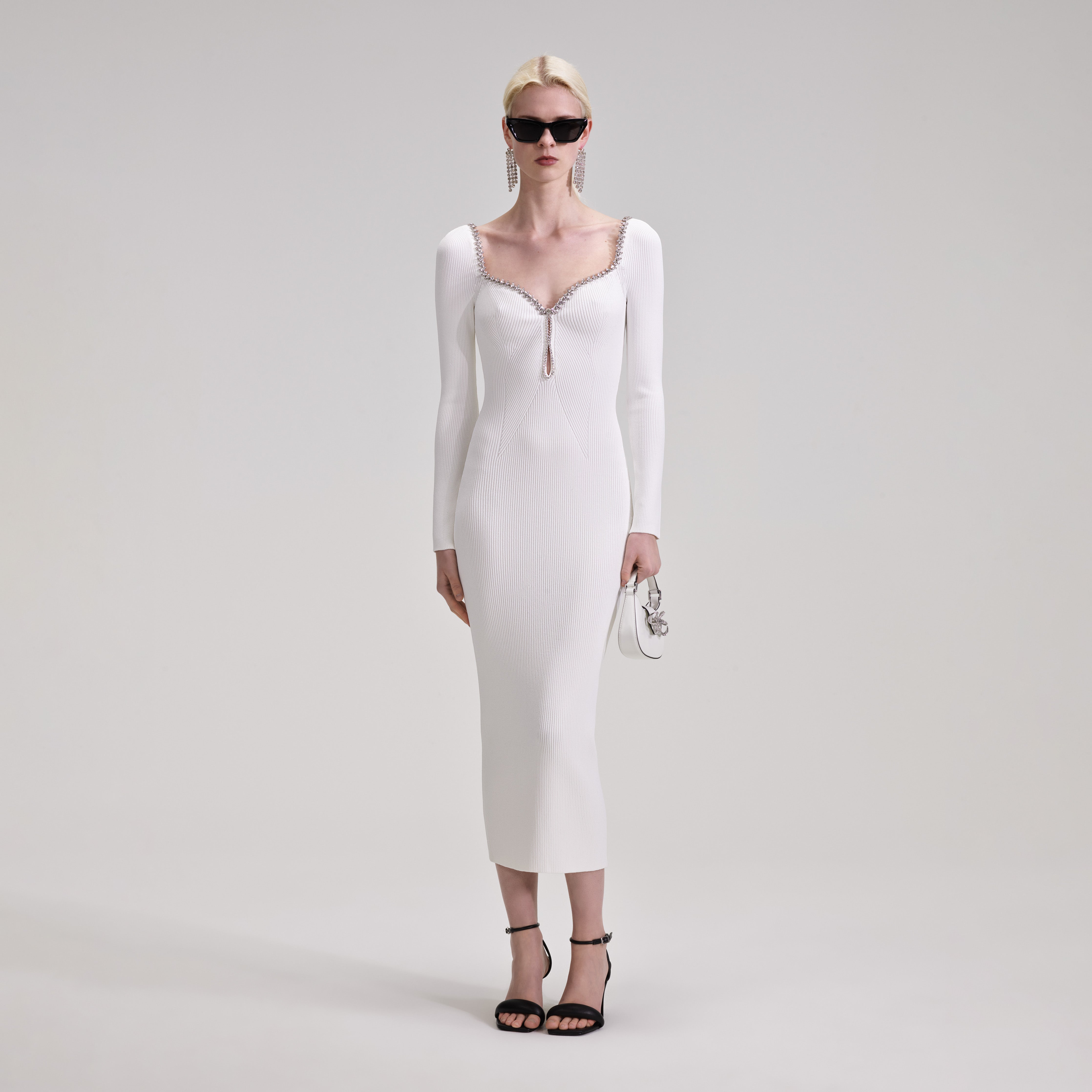 White Knit Diamante Midi Dress – self-portrait-EU