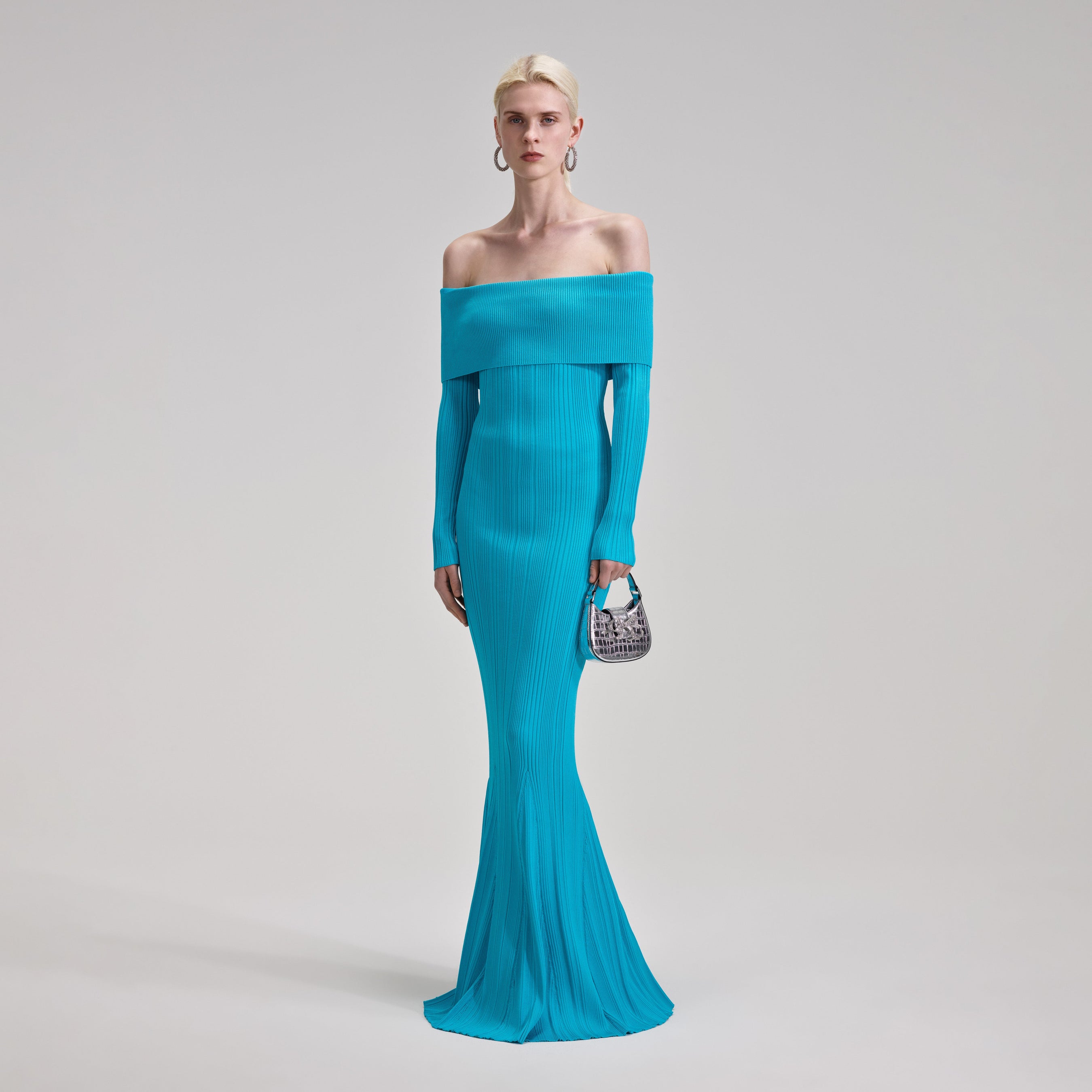 Blue Ribbed Knit Maxi Dress
