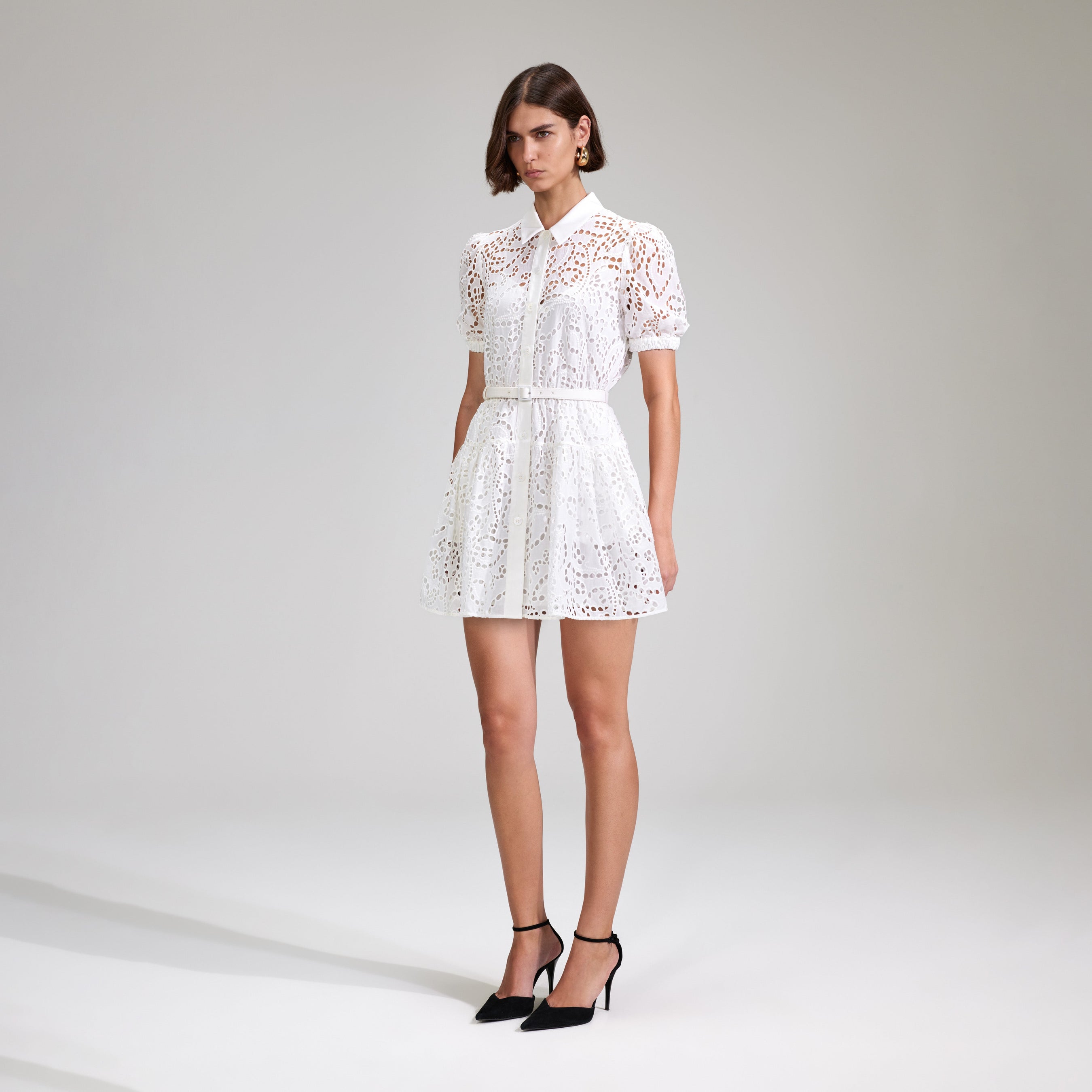 White Broderie Button Front Mini Dress