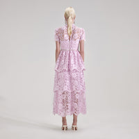Pink Cord Lace Tiered Midi Dress
