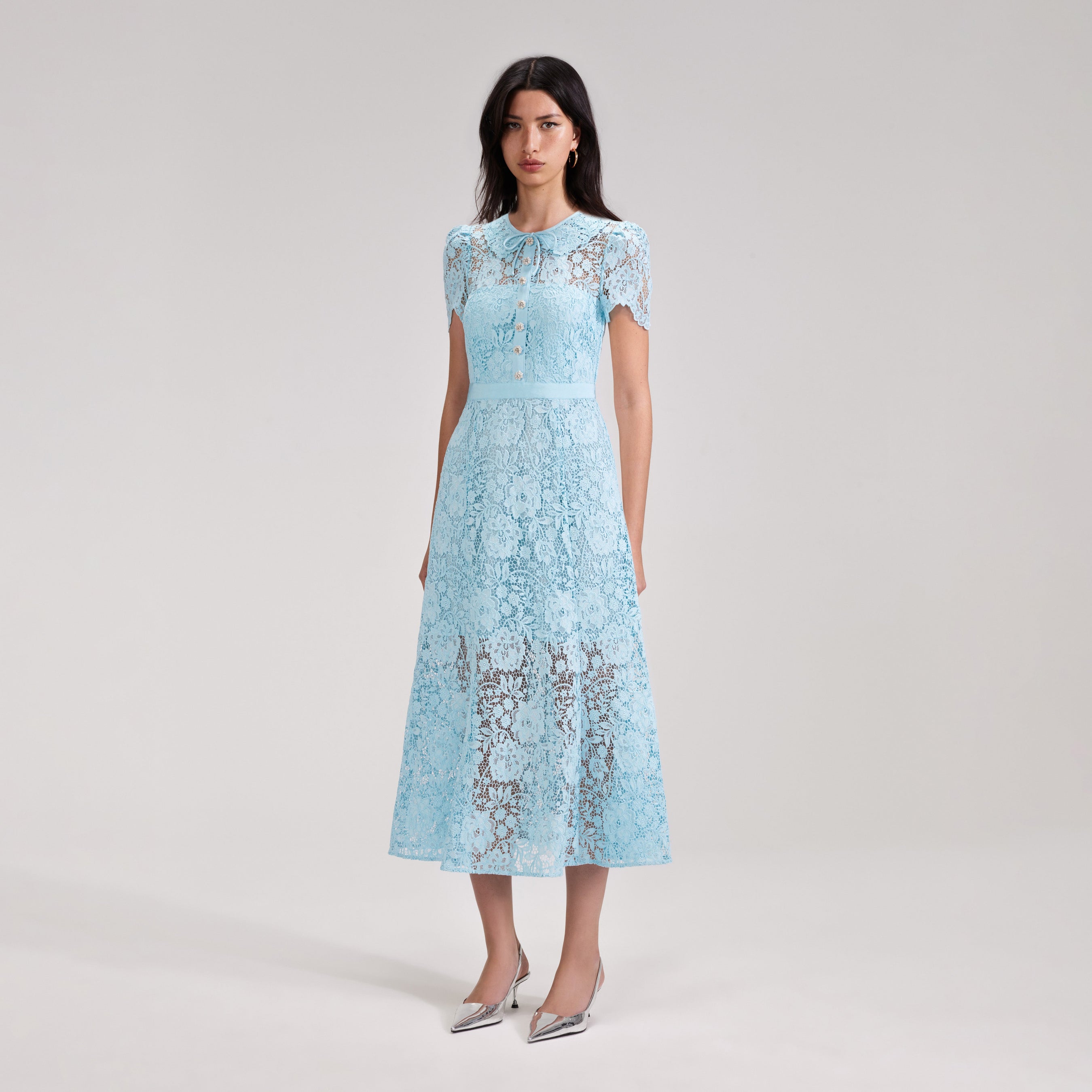Pale Blue Cord Lace Midi Dress – self-portrait-EU