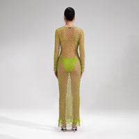 Green Beaded Fishnet Midi Dress