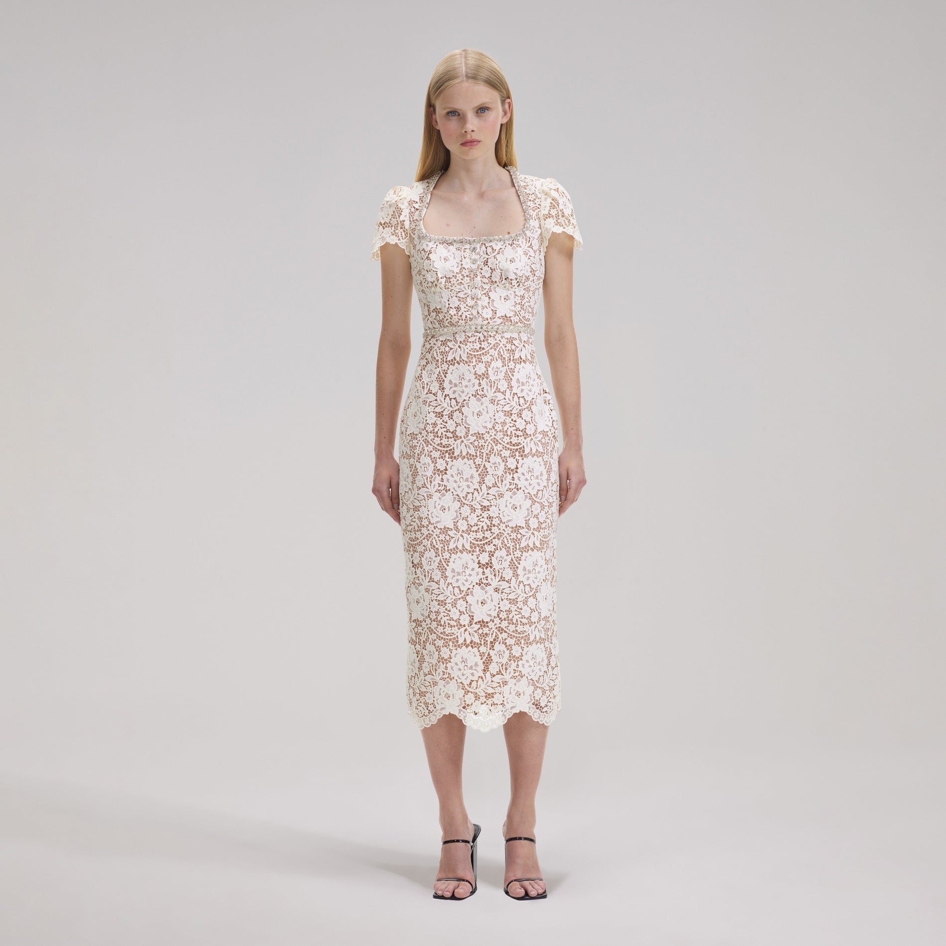 SELF-PORTRAIT Off-the-shoulder crystal-embellished corded lace midi dress