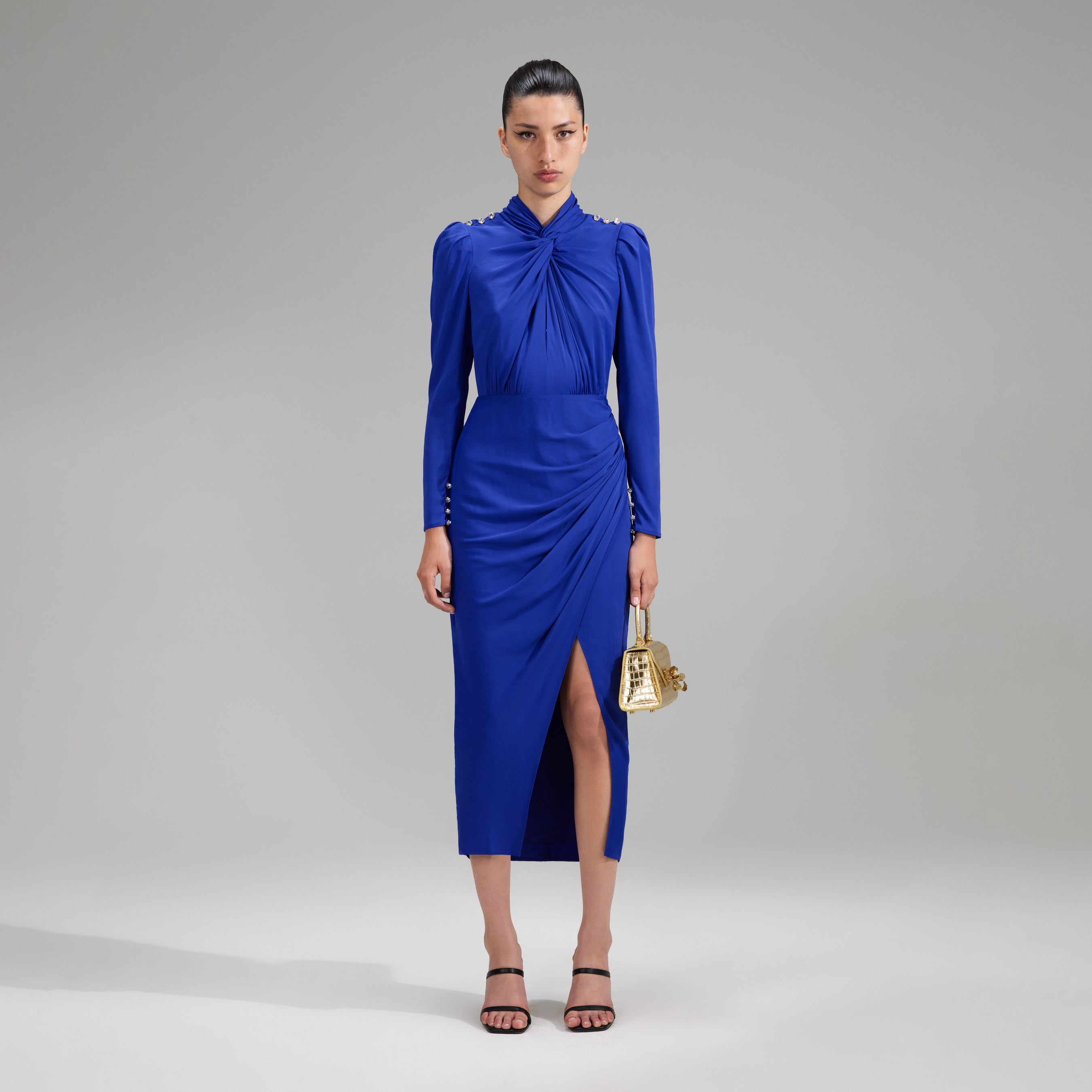 Blue Stretch Crepe Twisted Collar Midi Dress