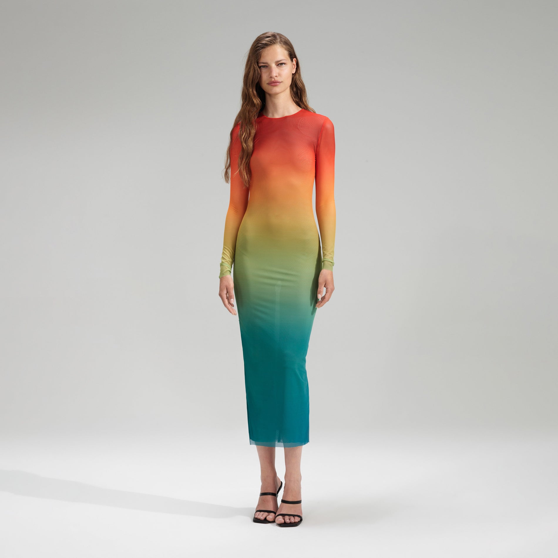 A woman wearing the Ombre Mesh Midi Dress