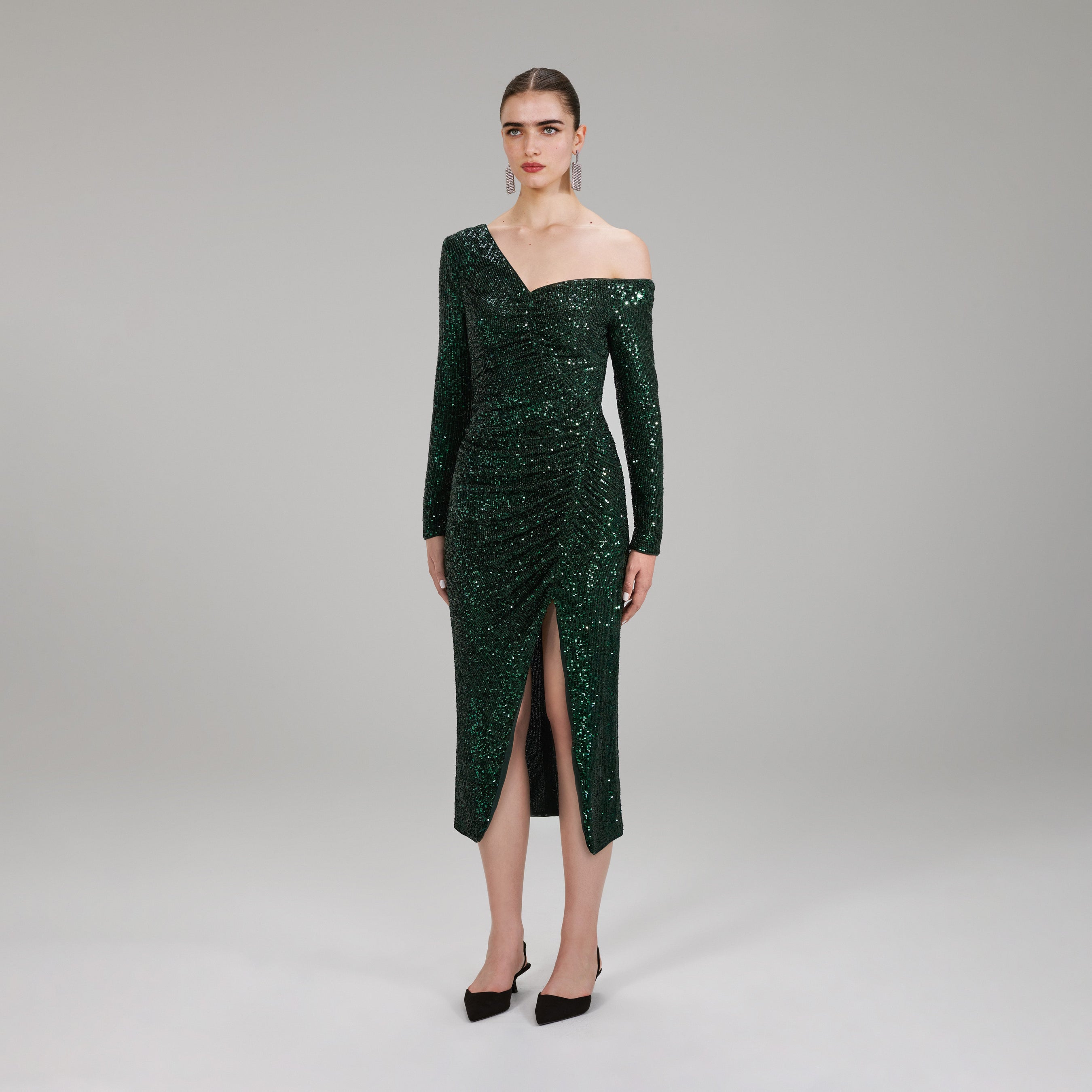 Green Stretch Sequin Midi Dress