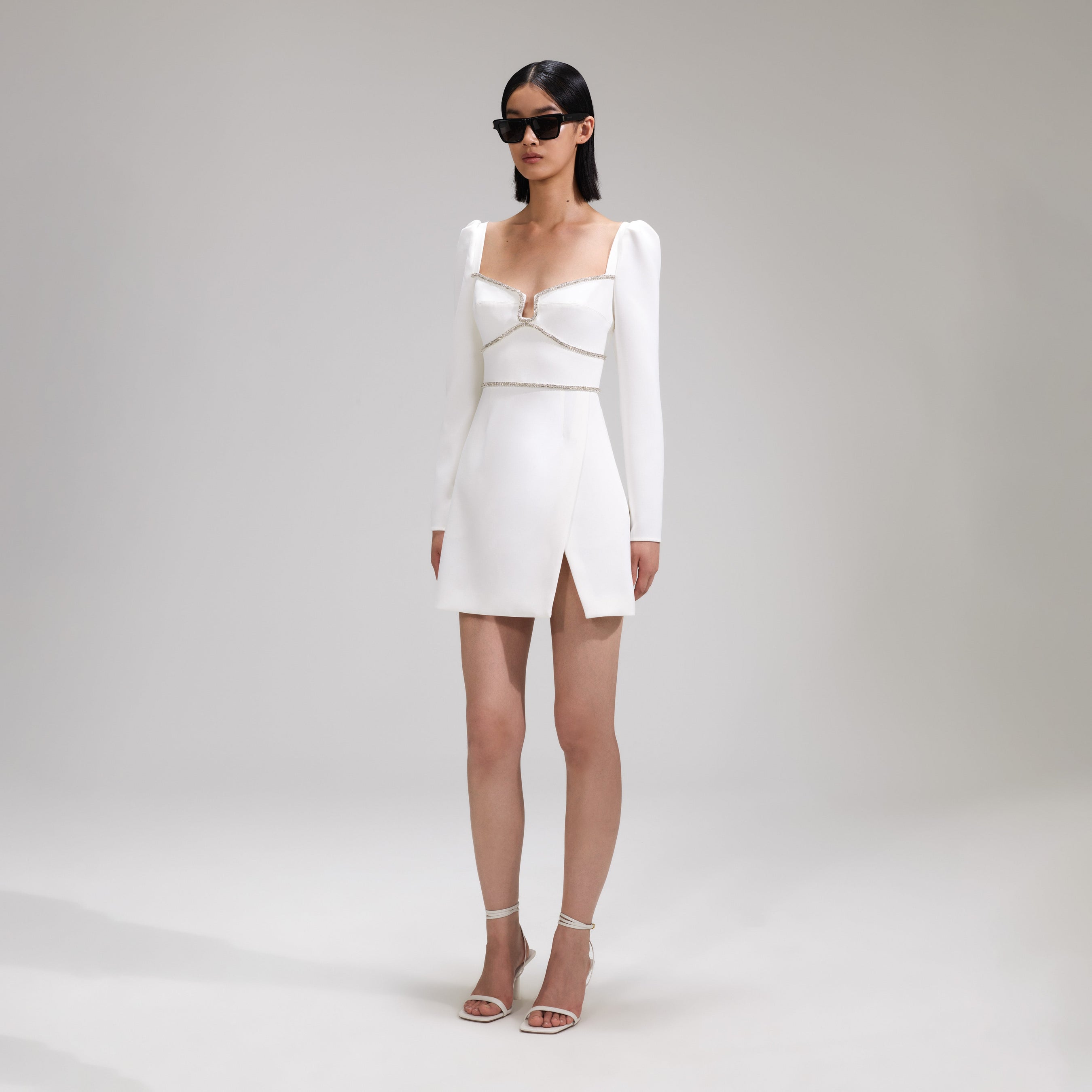White Crepe Rhinestone Detail Mini Dress – self-portrait-EU