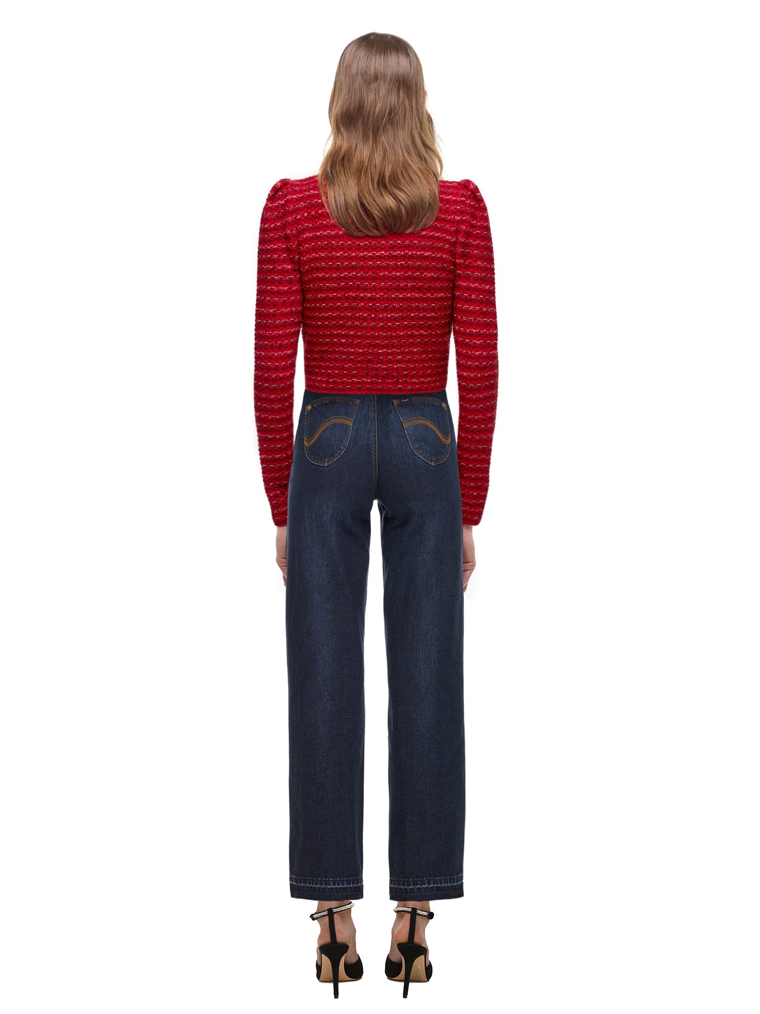 A woman wearing the Red Melange Cropped Cardigan